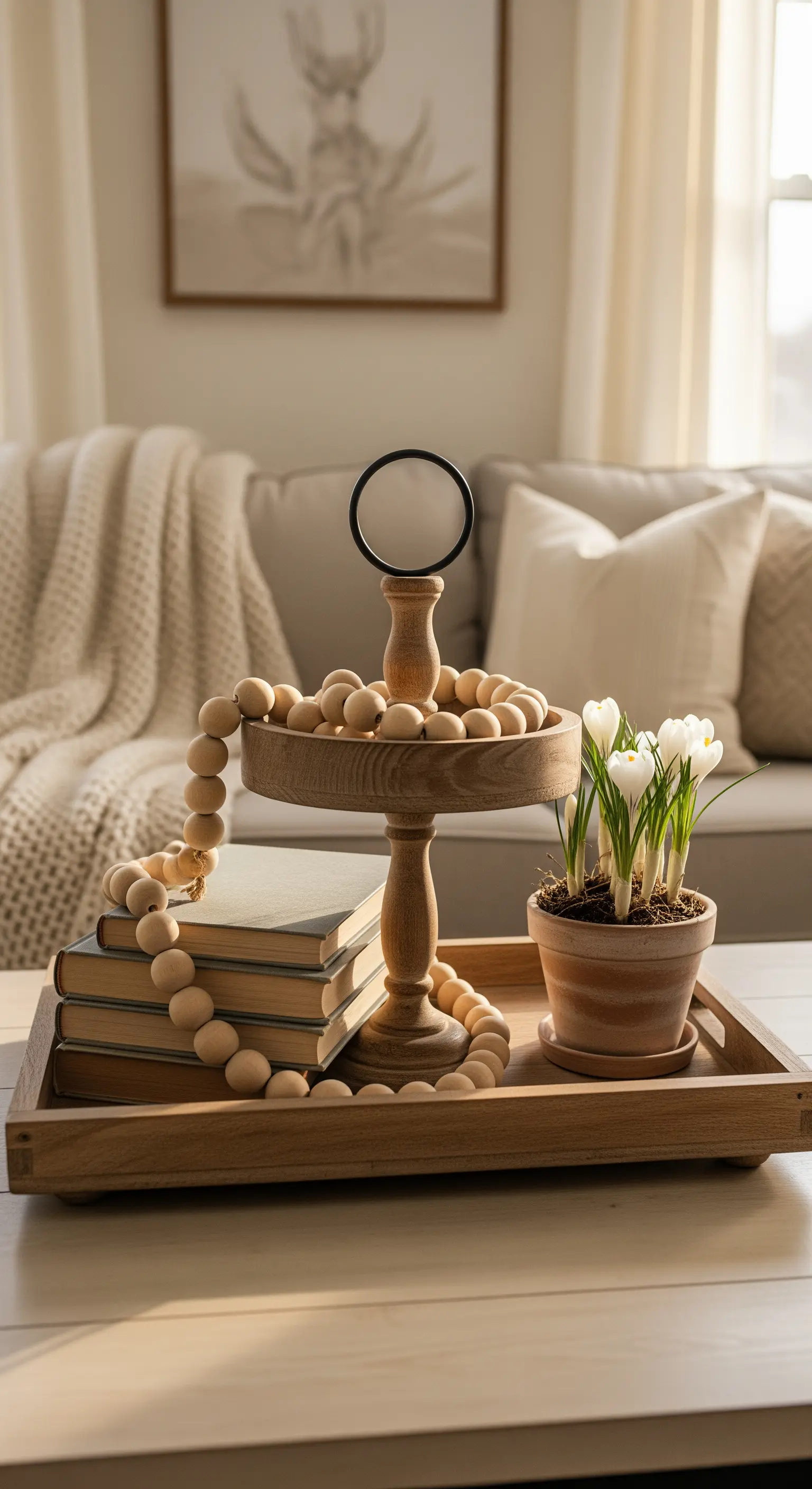 Massive Holz-Etagere mit Krokussen und Holzperlen