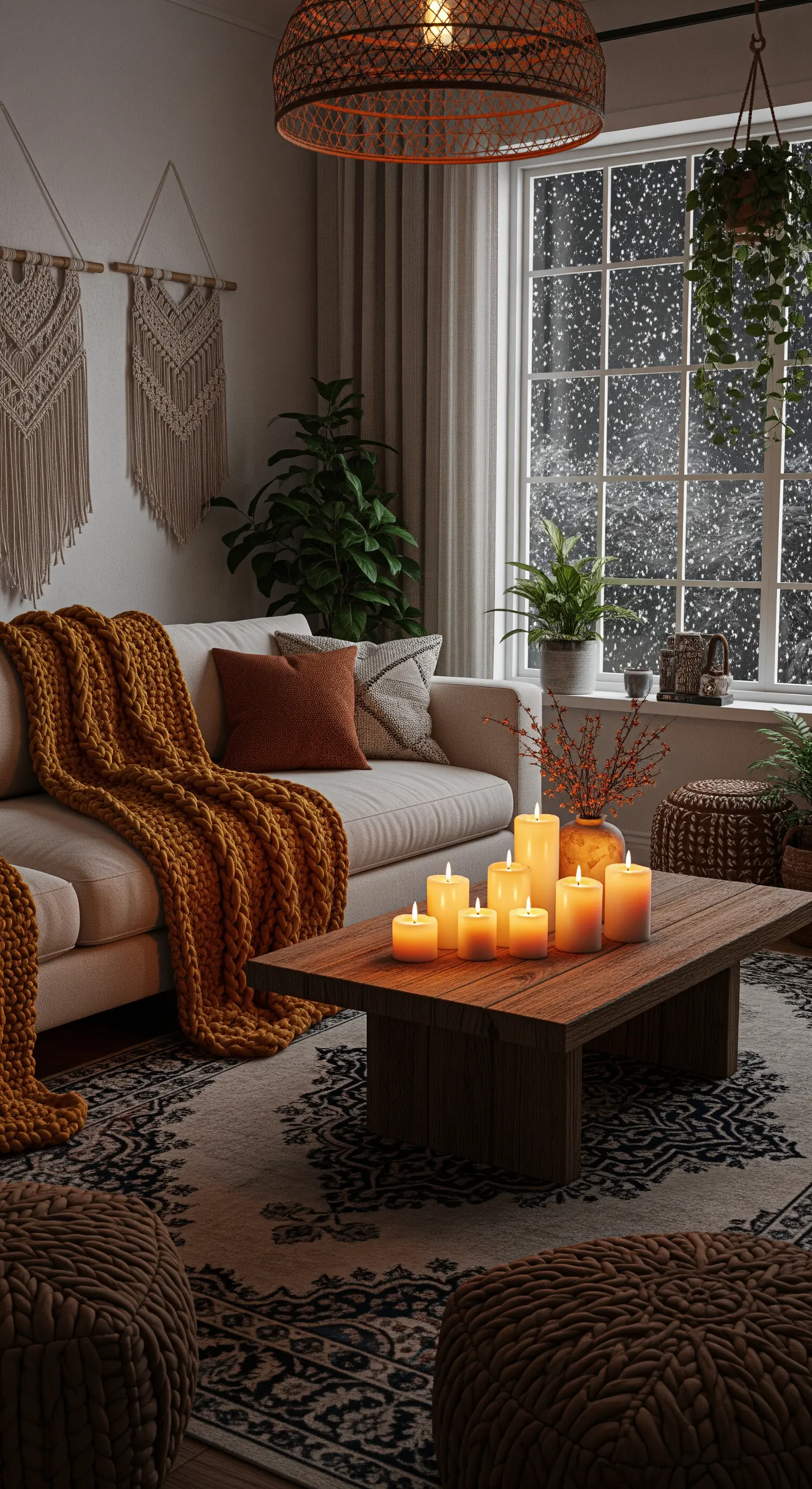 Boho Wohnzimmer mit senfgelber Grobstrickdecke und vielen Stumpenkerzen