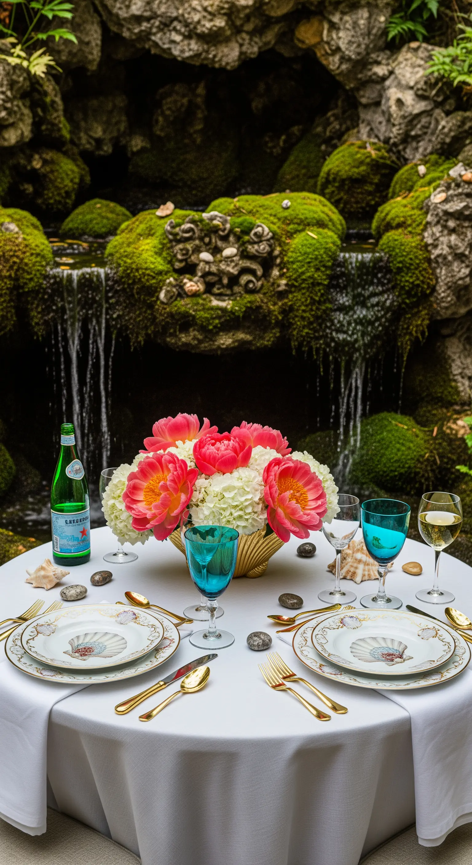 Tisch bei Grotte und Wasserfall mit Pfingstrosen, türkisfarbenen Gläsern, Muschel-Porzellan