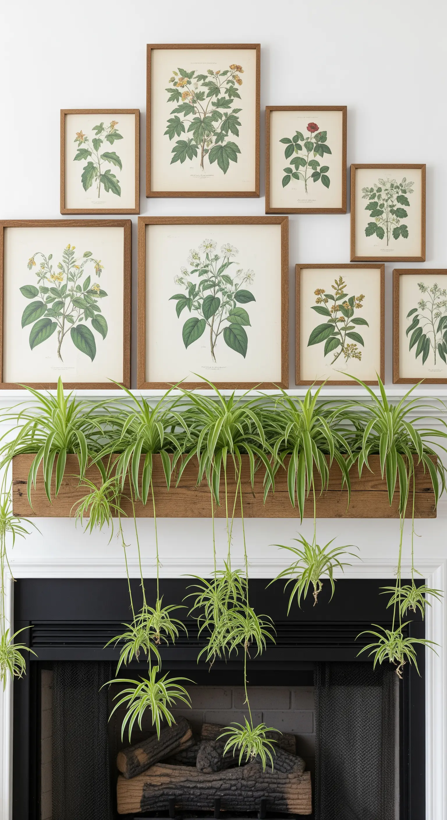 Ein Holzkasten mit Grünlilien auf dem Kamin, darüber eine Galeriewand mit botanischen Drucken