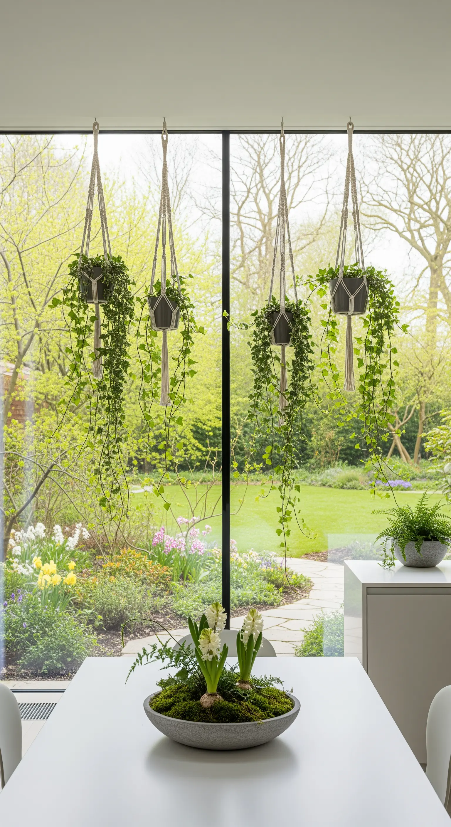 Hängende Pflanzen in Makramee-Ampeln und Hyazinthen als Tischdeko am Fenster