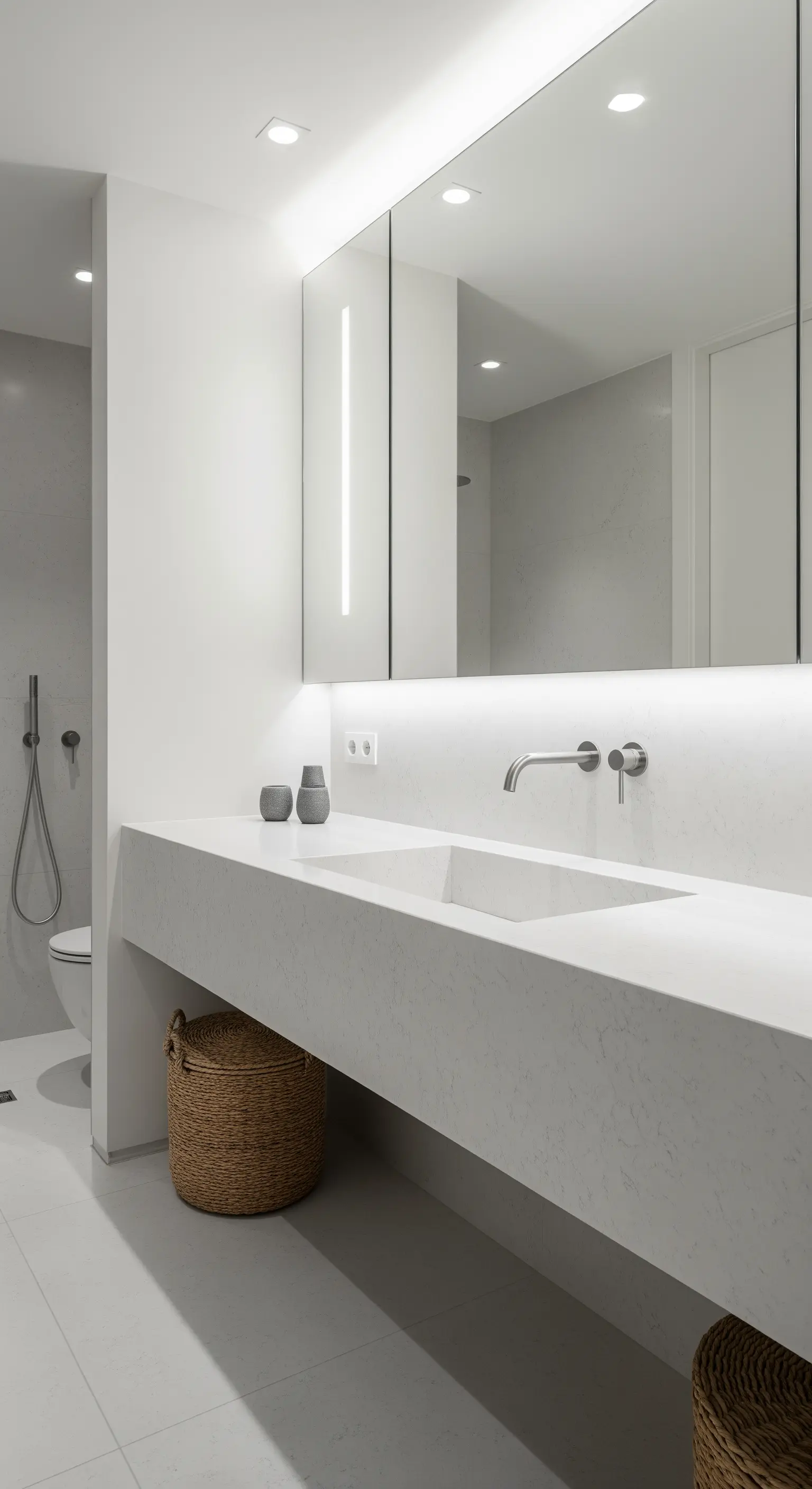 Badezimmer komplett aus grünem Marmor mit einem freistehenden Marmorwaschbecken.