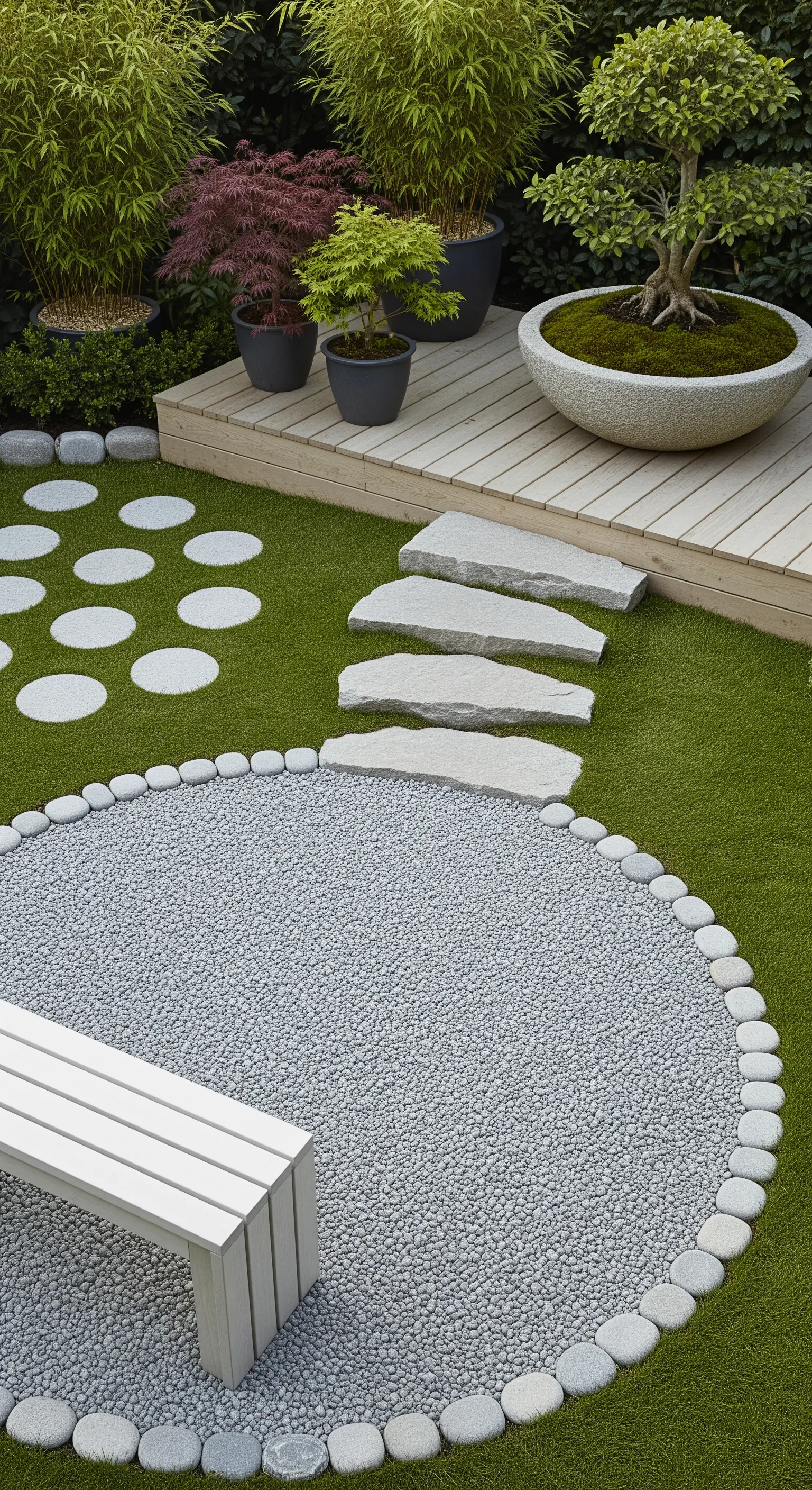 Rasenfläche mit Kieskreis, Trittsteinen und Bonsai-Gefäßen