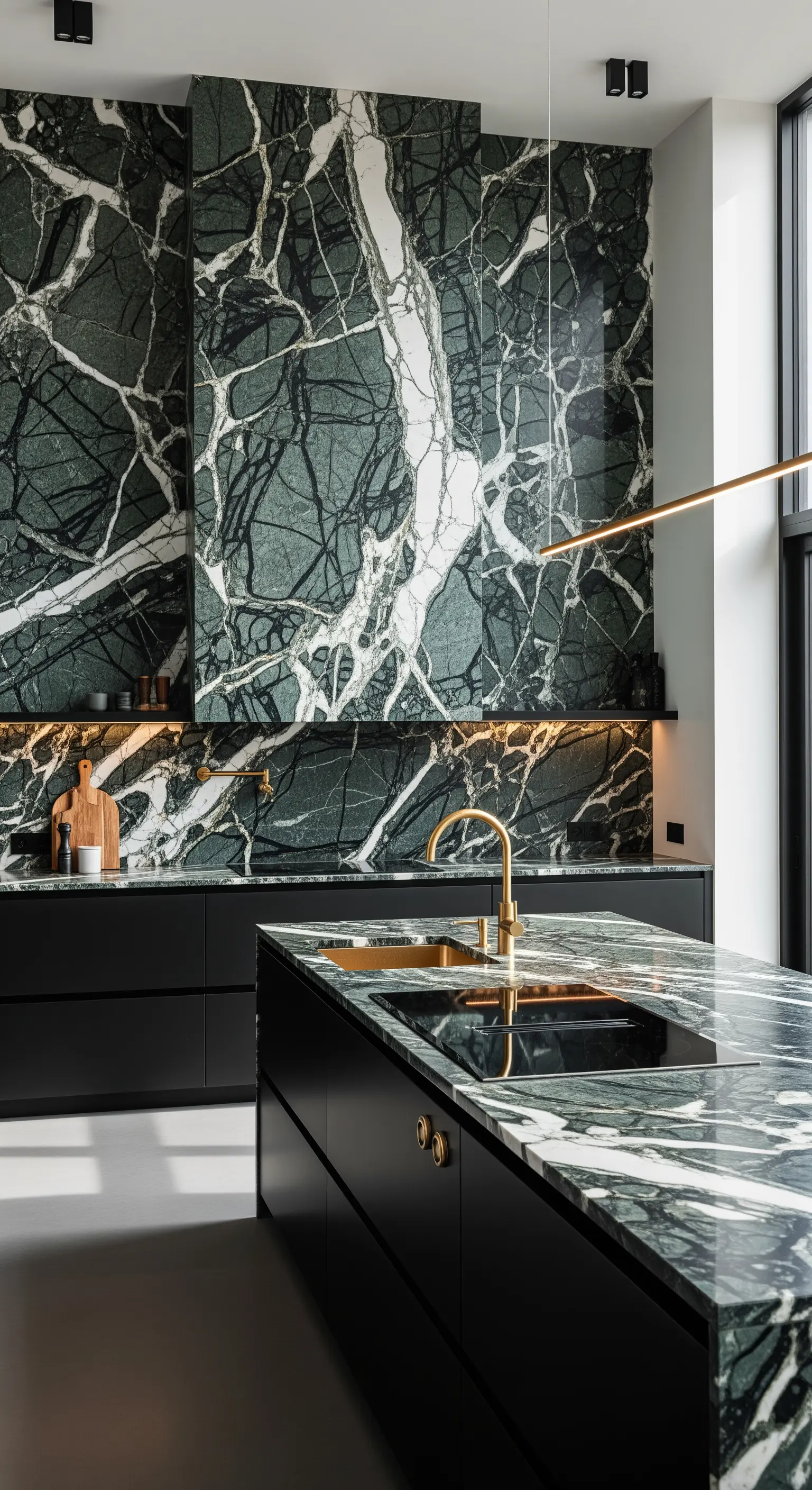 Moderne Küche mit dramatischem grünen Marmor als Rückwand und Arbeitsplatte.