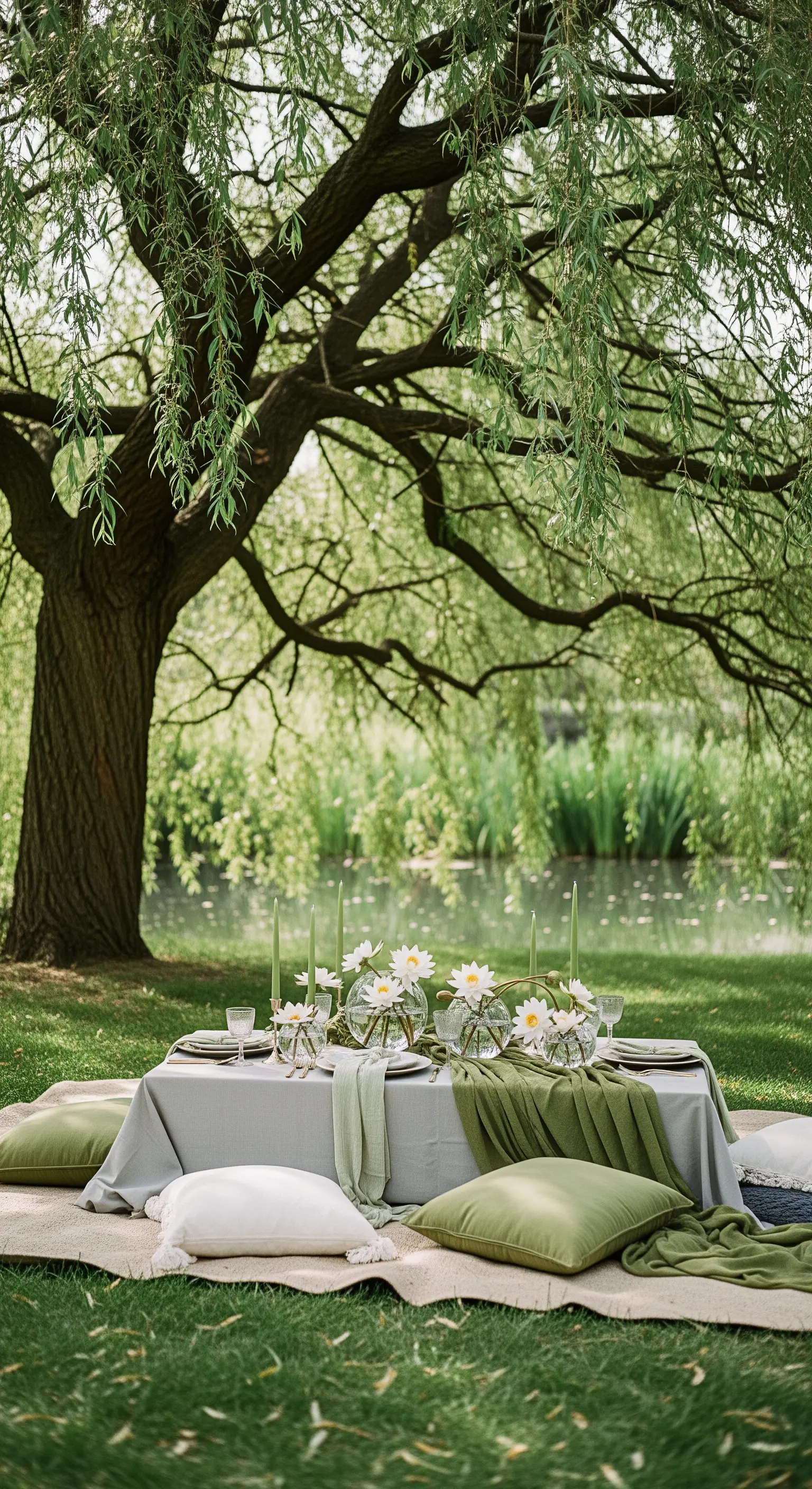 Picknick unter Weidenbaum mit Wasserlilien, grünen Kerzen und Kissen am Teichufer.