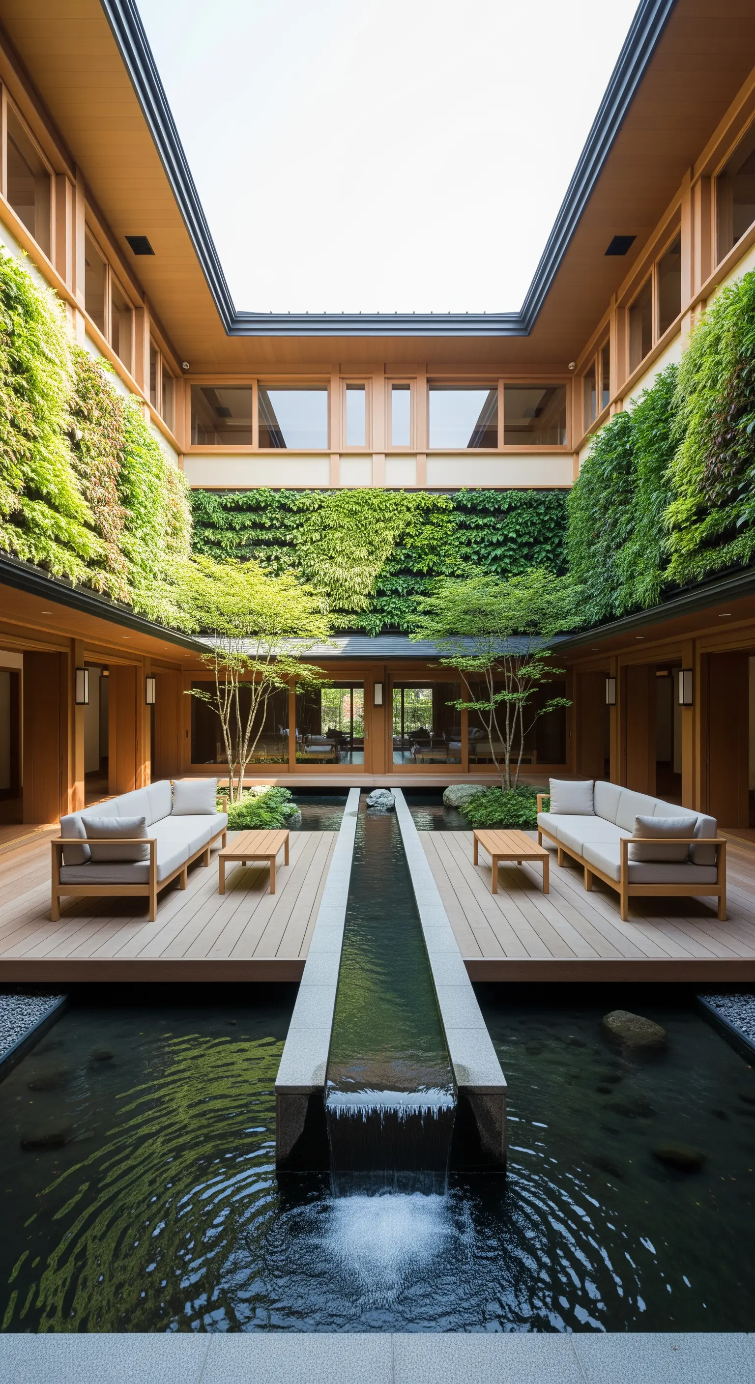 Vertikale Gärten, Wasserkanal, Holzdecks, Outdoor-Sofas, Innenhof