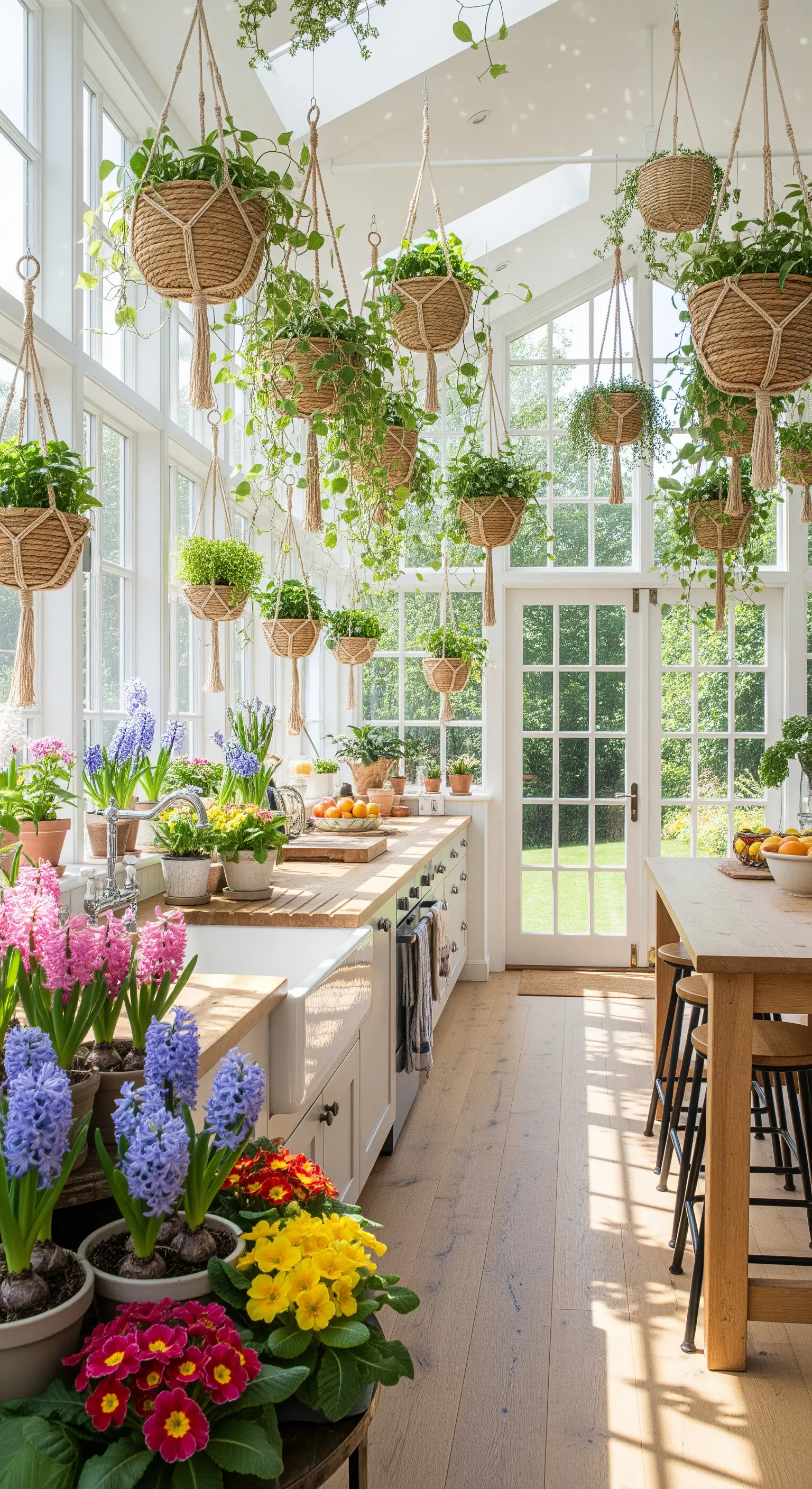 Wintergarten-Küche voller Hängepflanzen und getopften Frühlingsblumen
