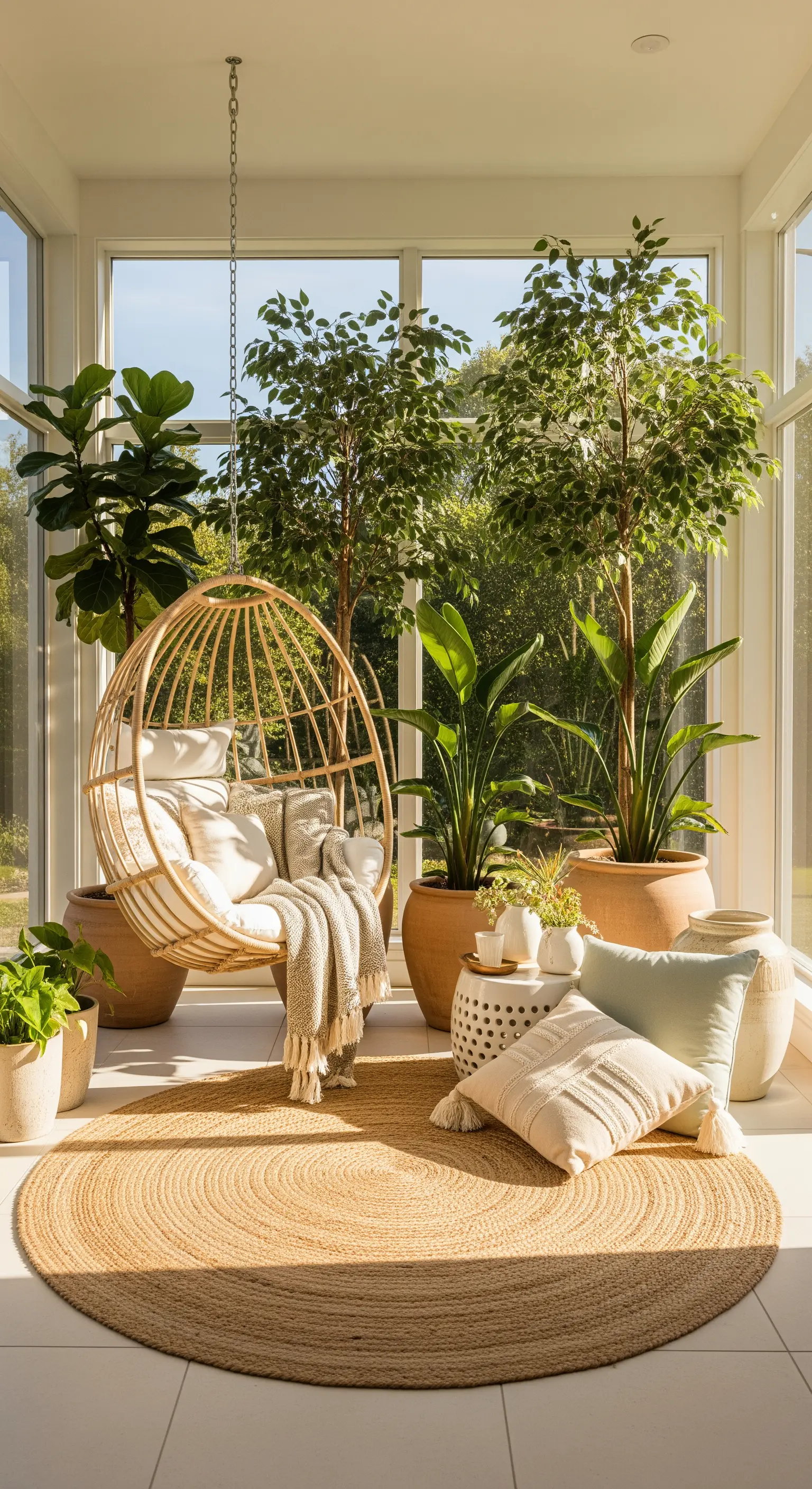 Wintergarten mit Hängesessel, vielen großen Pflanzen, Juteteppich