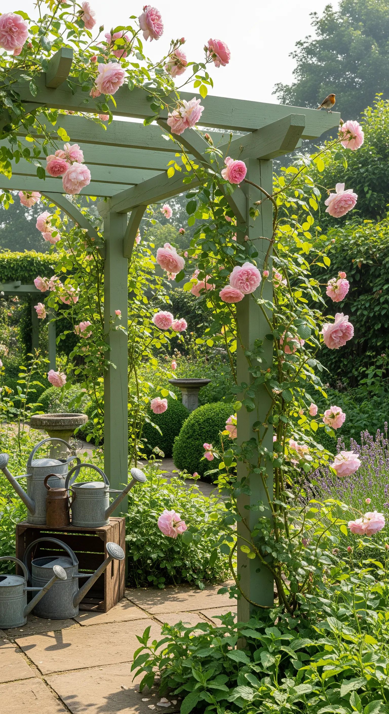 Grüne Pergola mit rosa Kletterrosen, verzinkten Gießkannen und einer Holzkiste im Garten
