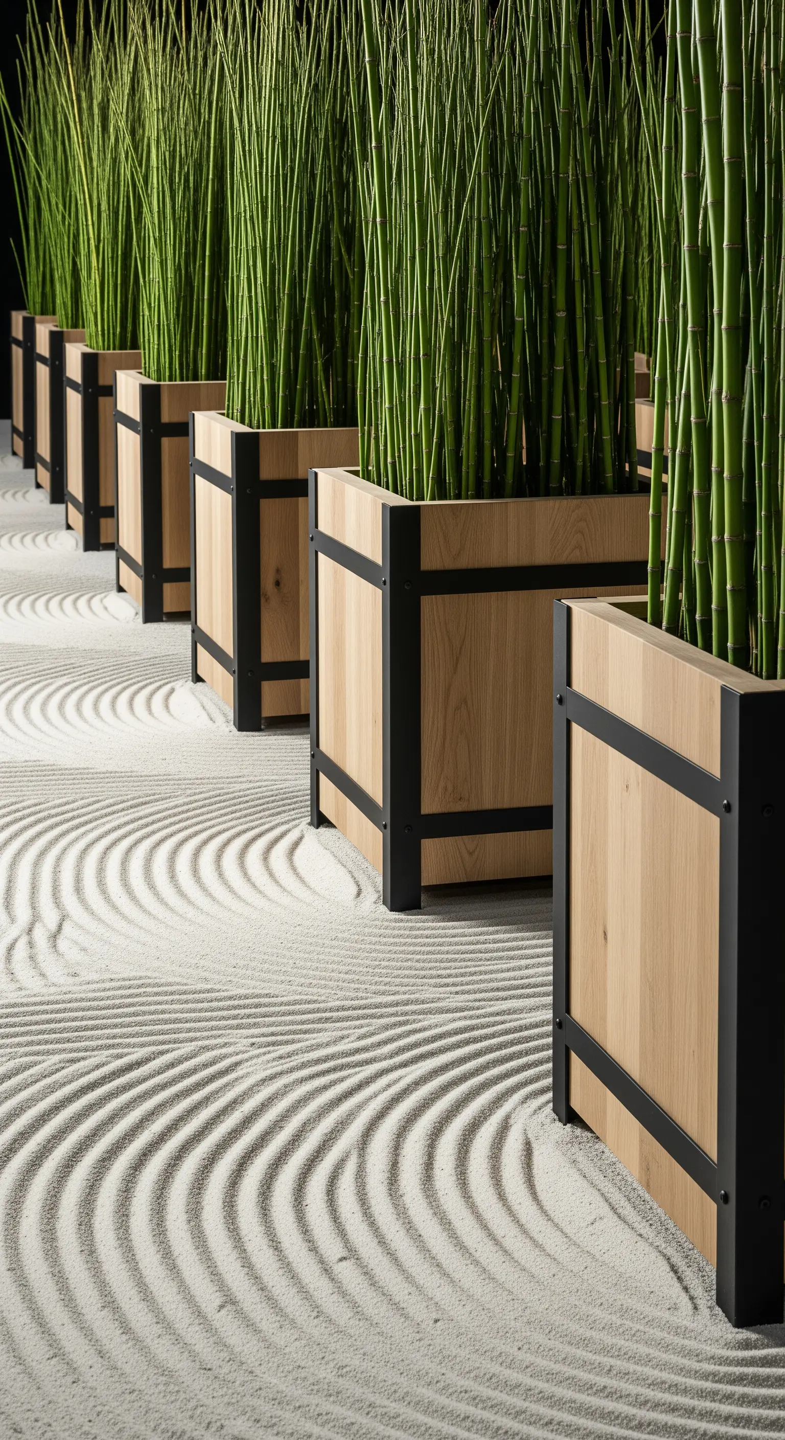 Japandi Bambusgras-Säulen in Holzkästen auf raketem Sand