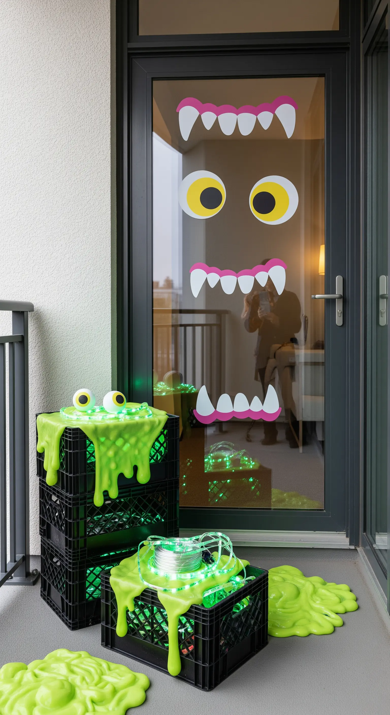 Balkontür dekoriert als Monstergesicht mit grünem Schleim, der aus schwarzen Kisten fließt.