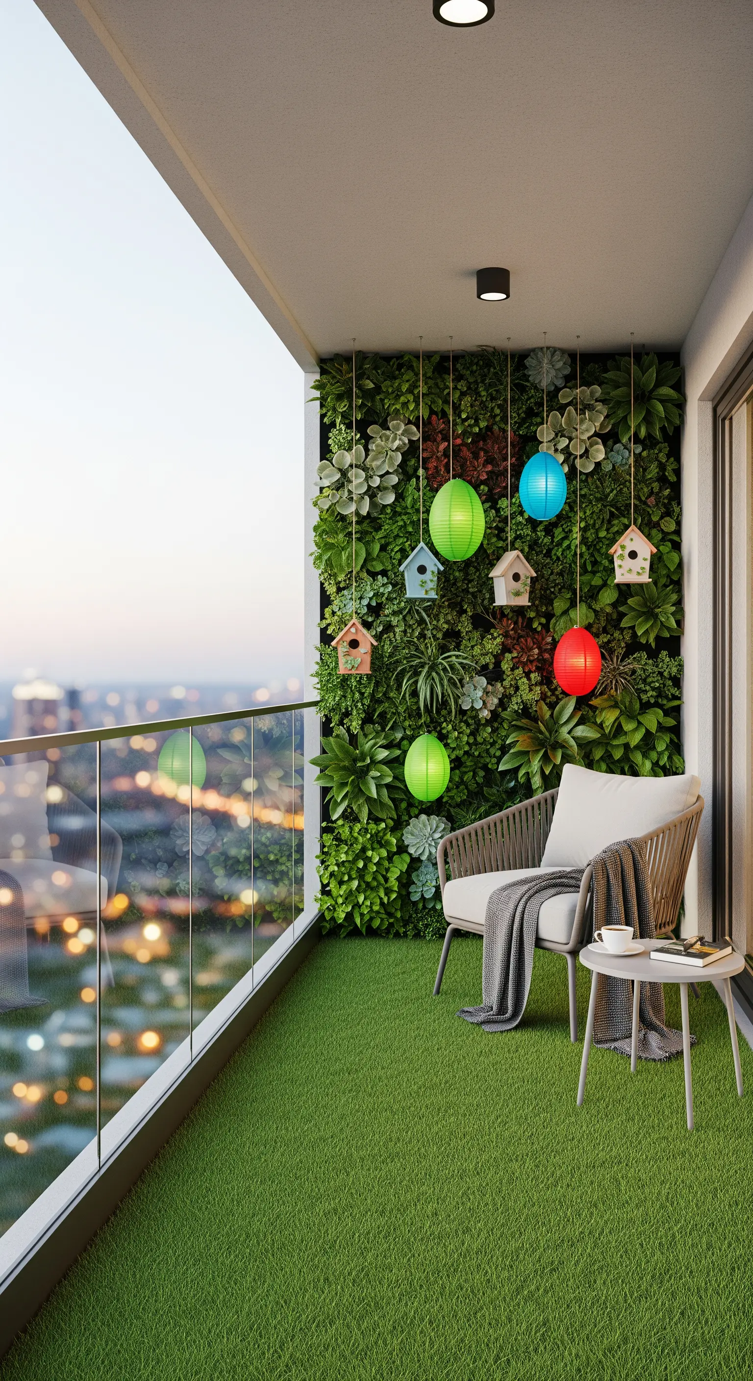 Balkon mit Vertikalgarten, bunten Papierlaternen und gemütlicher Sitzgelegenheit