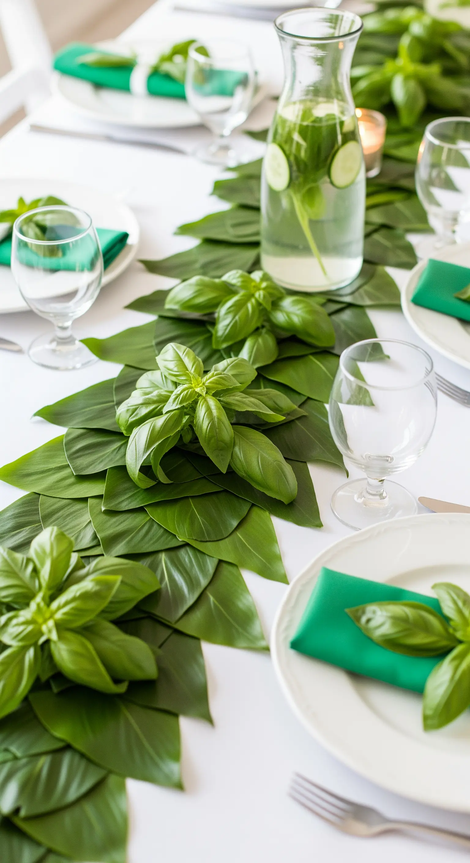 Weißer Tisch mit einem Läufer aus großen grünen Blättern und frischem Basilikum.