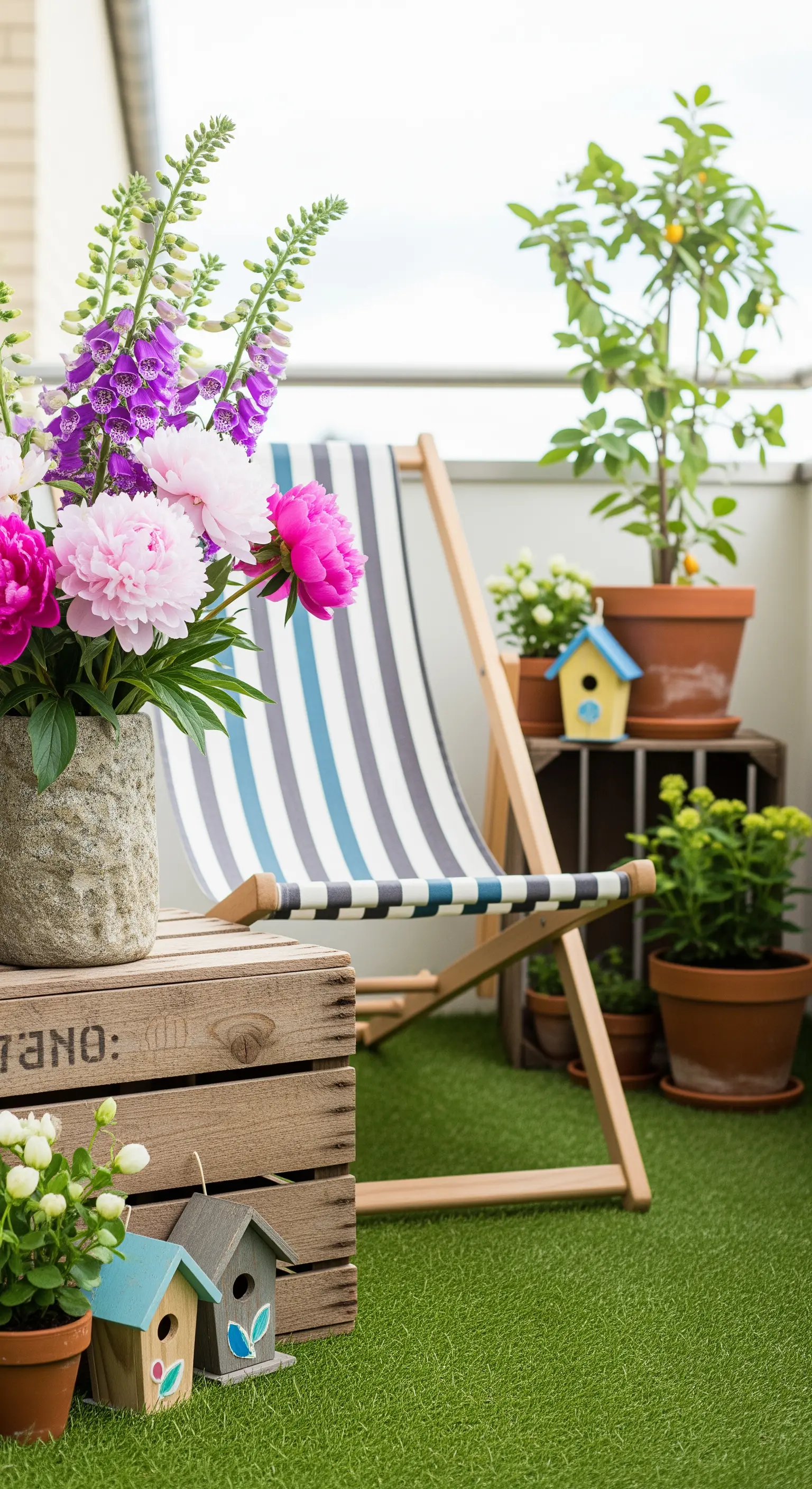 Balkon mit Kunstrasen, Liegestuhl, Holzkisten und Zitronenbaum