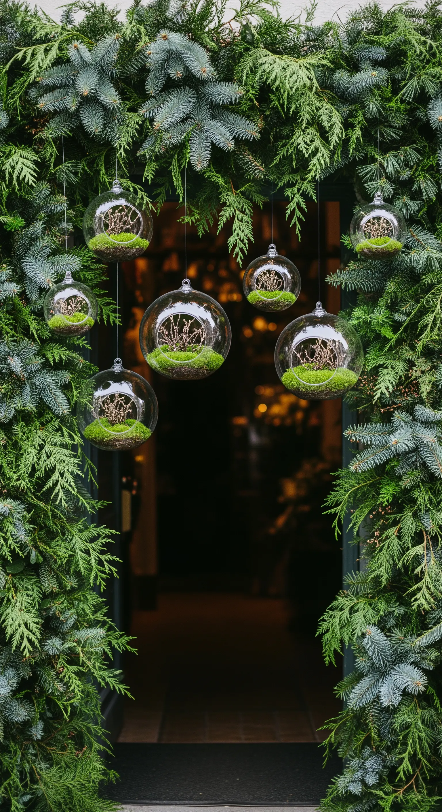 Eingangsbogen aus Tannengrün mit hängenden Glas-Terrarium-Ornamenten.