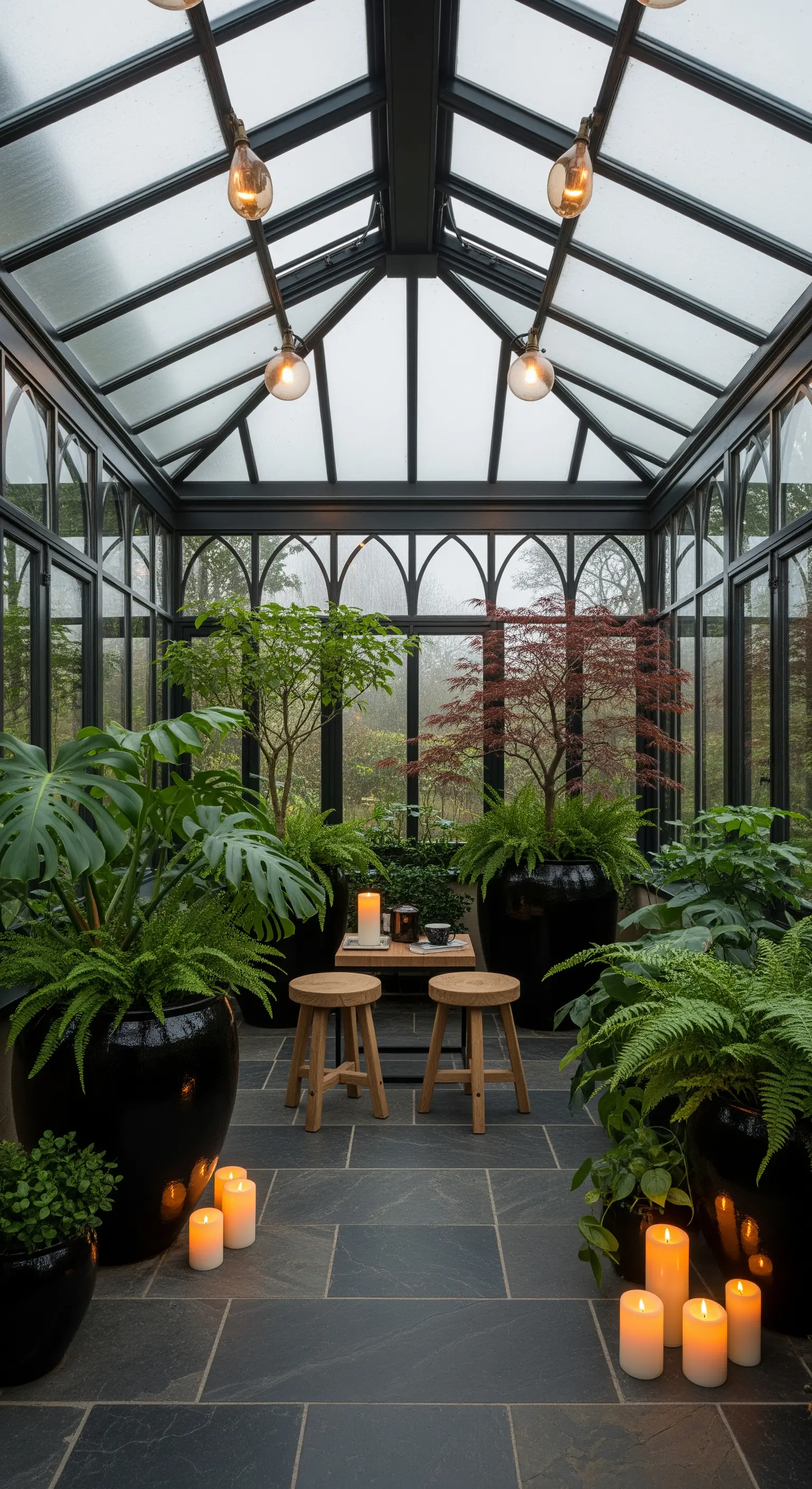 Wintergarten als Indoor-Garten mit großen Pflanzen und Kerzenlicht.