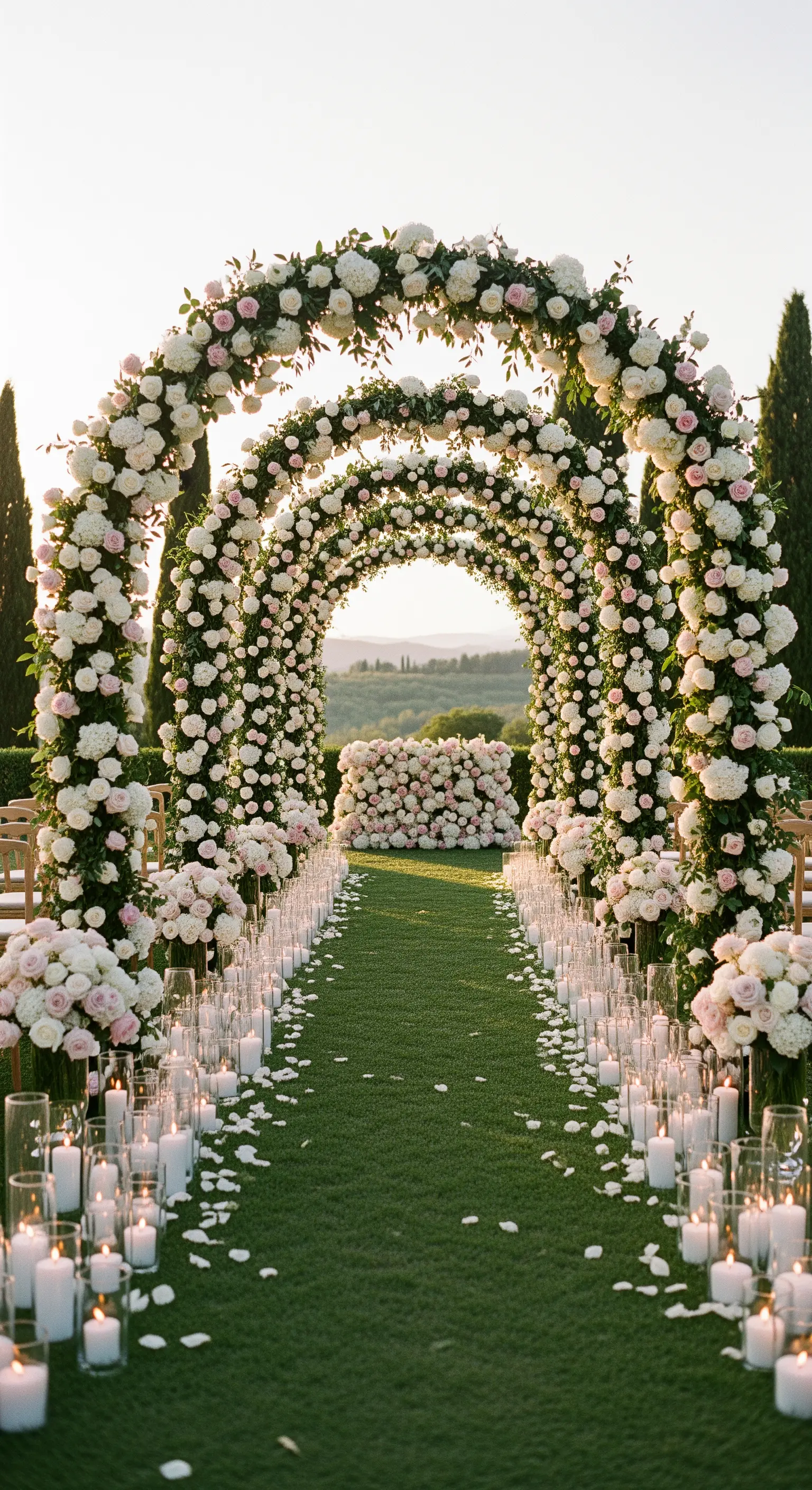 Grüner Rasenweg mit Rosenbögen in Cremefarben, Rosa und einem Meer aus weißen Kerzen