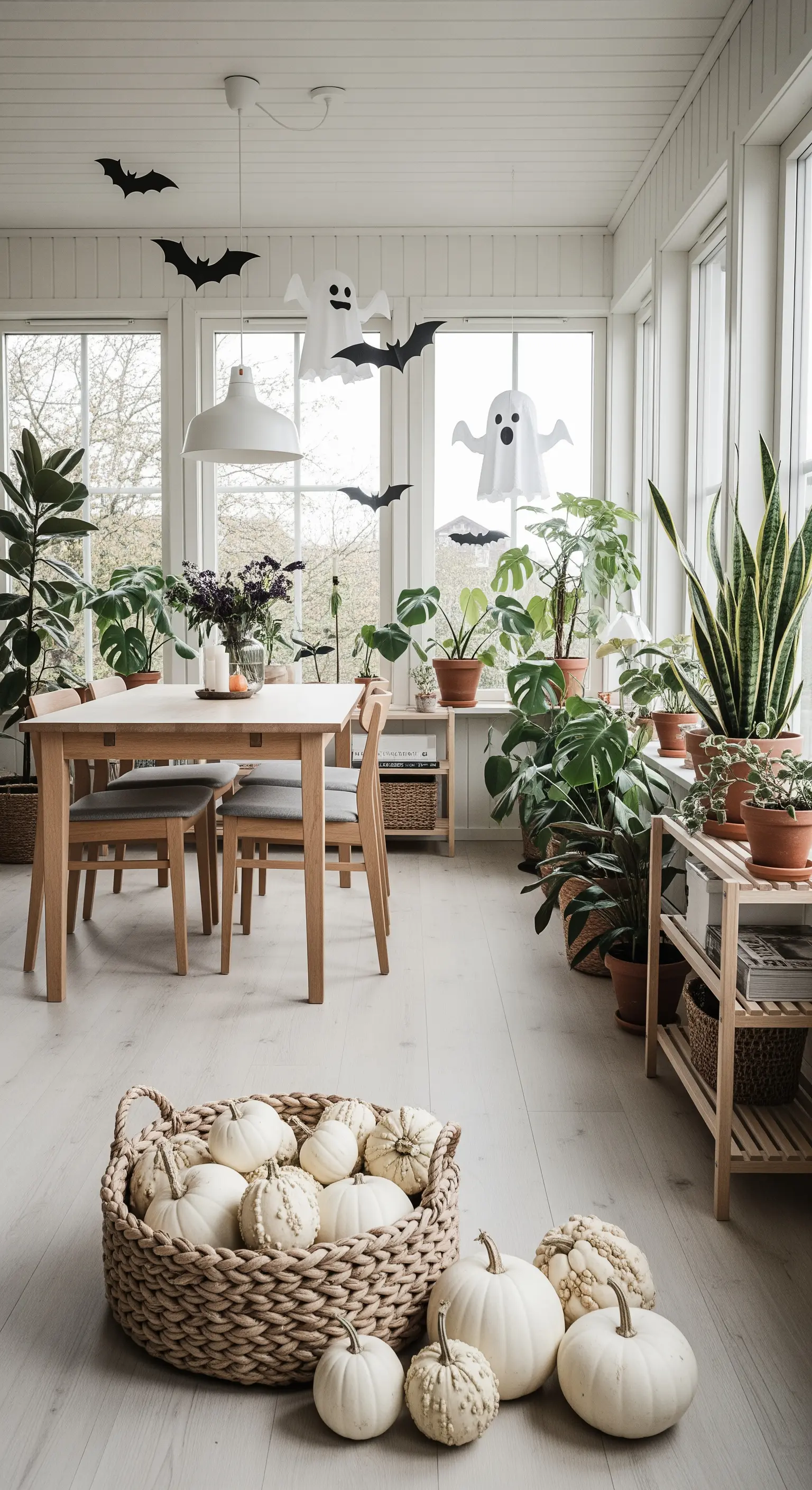 Sonnenraum mit Pflanzen, gefülltem Kürbiskorb und hängenden Geistern und Fledermäusen.