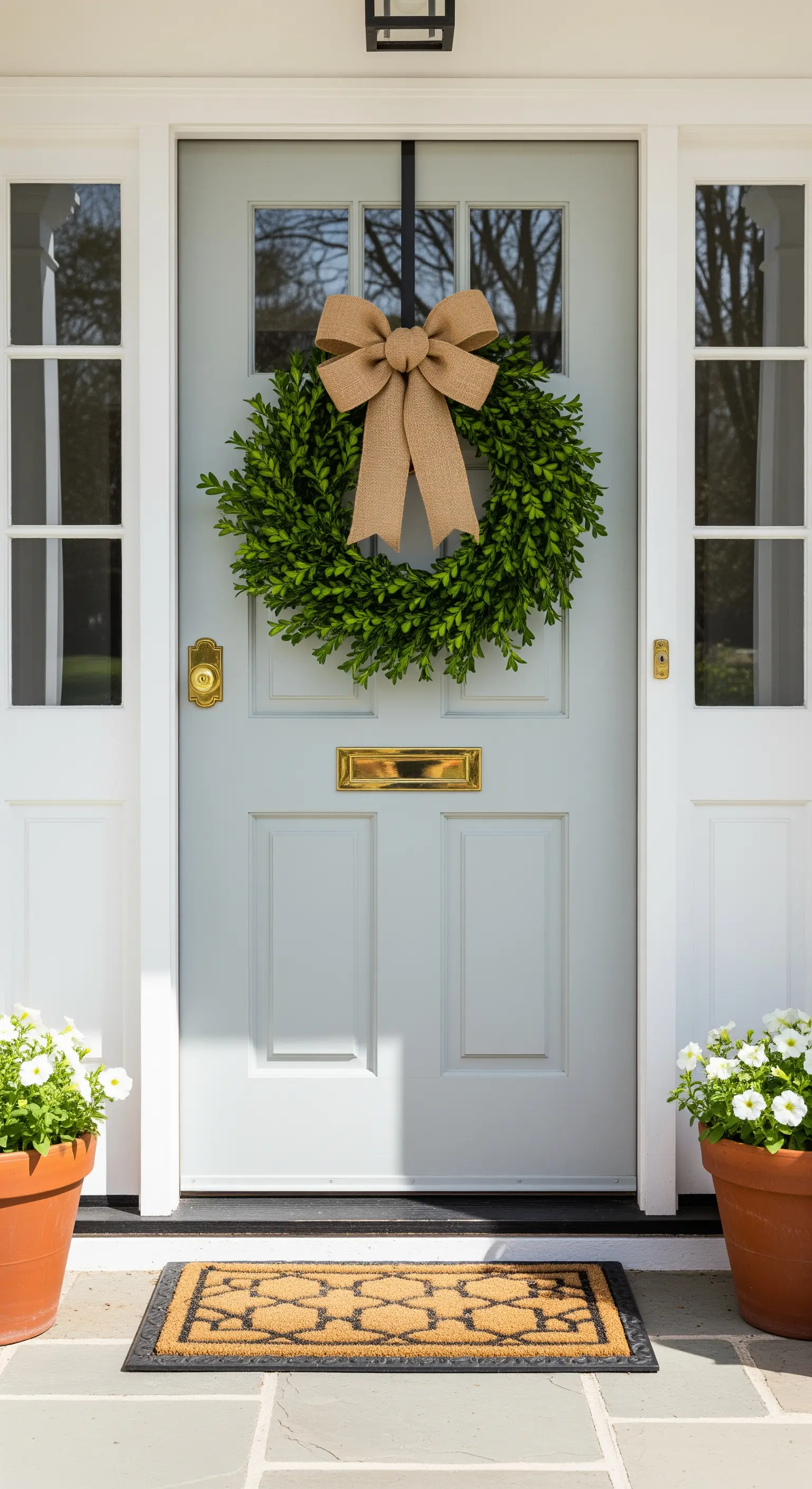 Grüner Kranz mit großer Jute-Schleife an einer hellblauen Haustür