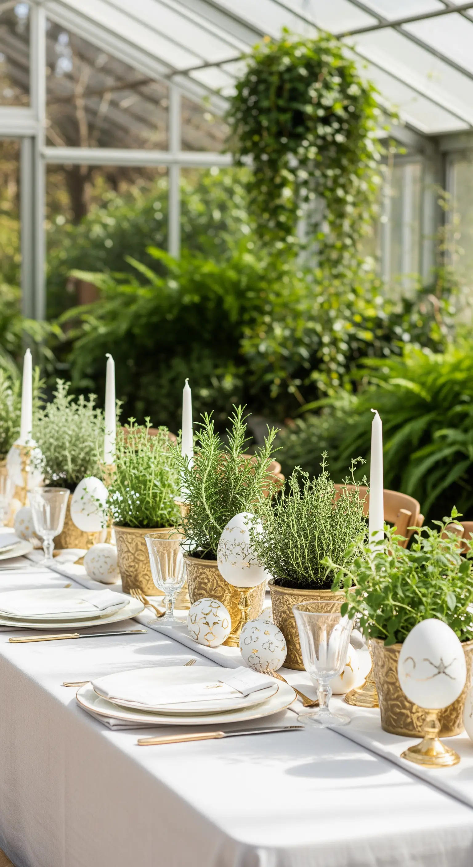 Oster-Tafel im Gewächshaus mit Kräutertöpfen und goldenen Eiern