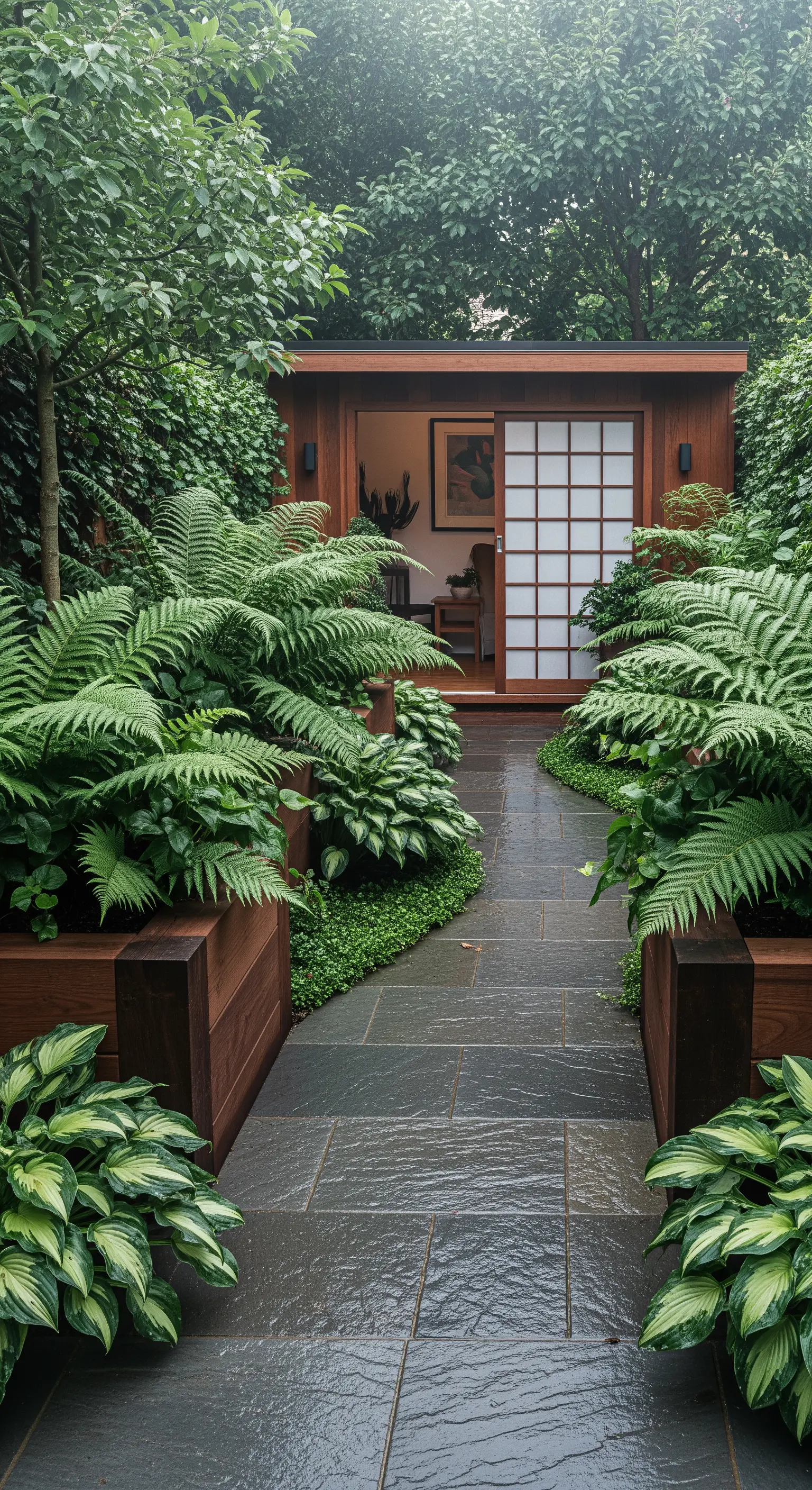 Japandi Garten mit Farnen, Steinpfad und Teeraum mit Shoji-Türen