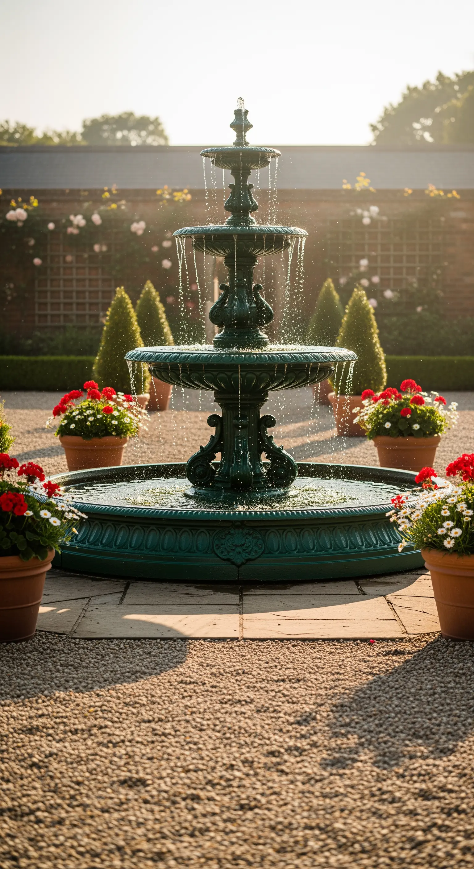 Grüner mehrstufiger Brunnen, umgeben von roten Geranien und Kiesweg im formalen Garten