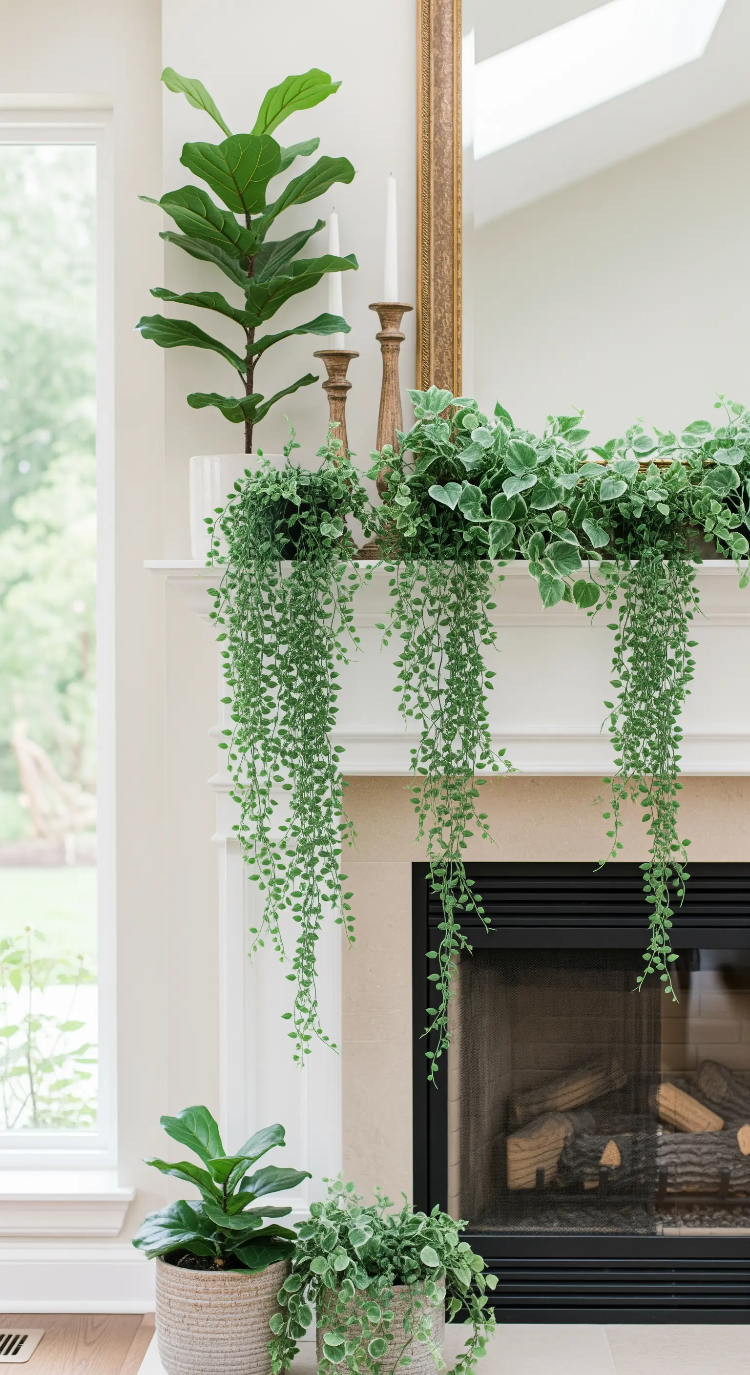 Lange, herabhängende Ranken von Erbsenpflanzen fließen wie ein Wasserfall vom Kaminsims herab