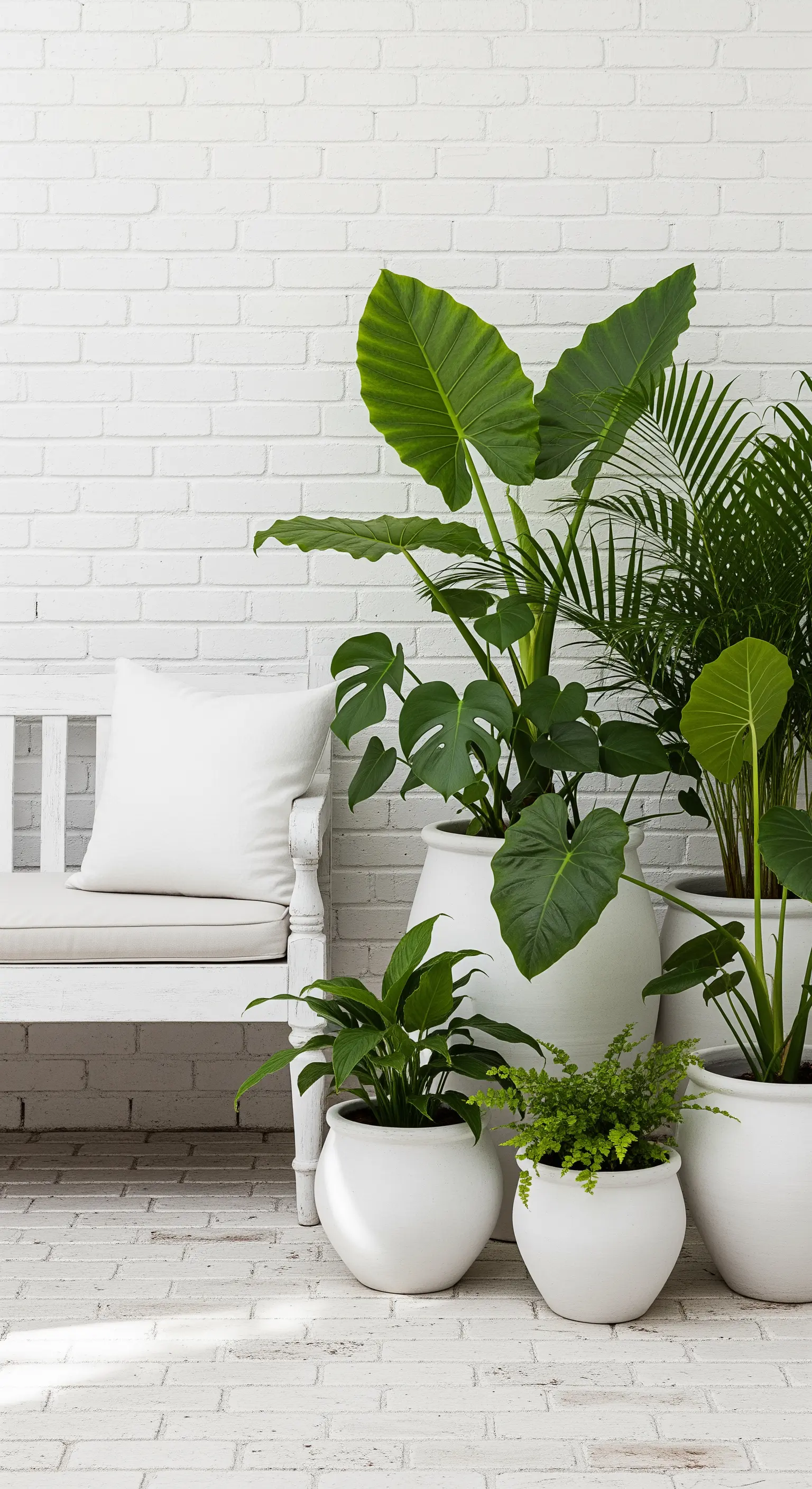 Verschiedene Pflanzen in weißen Töpfen vor weißer Ziegelwand