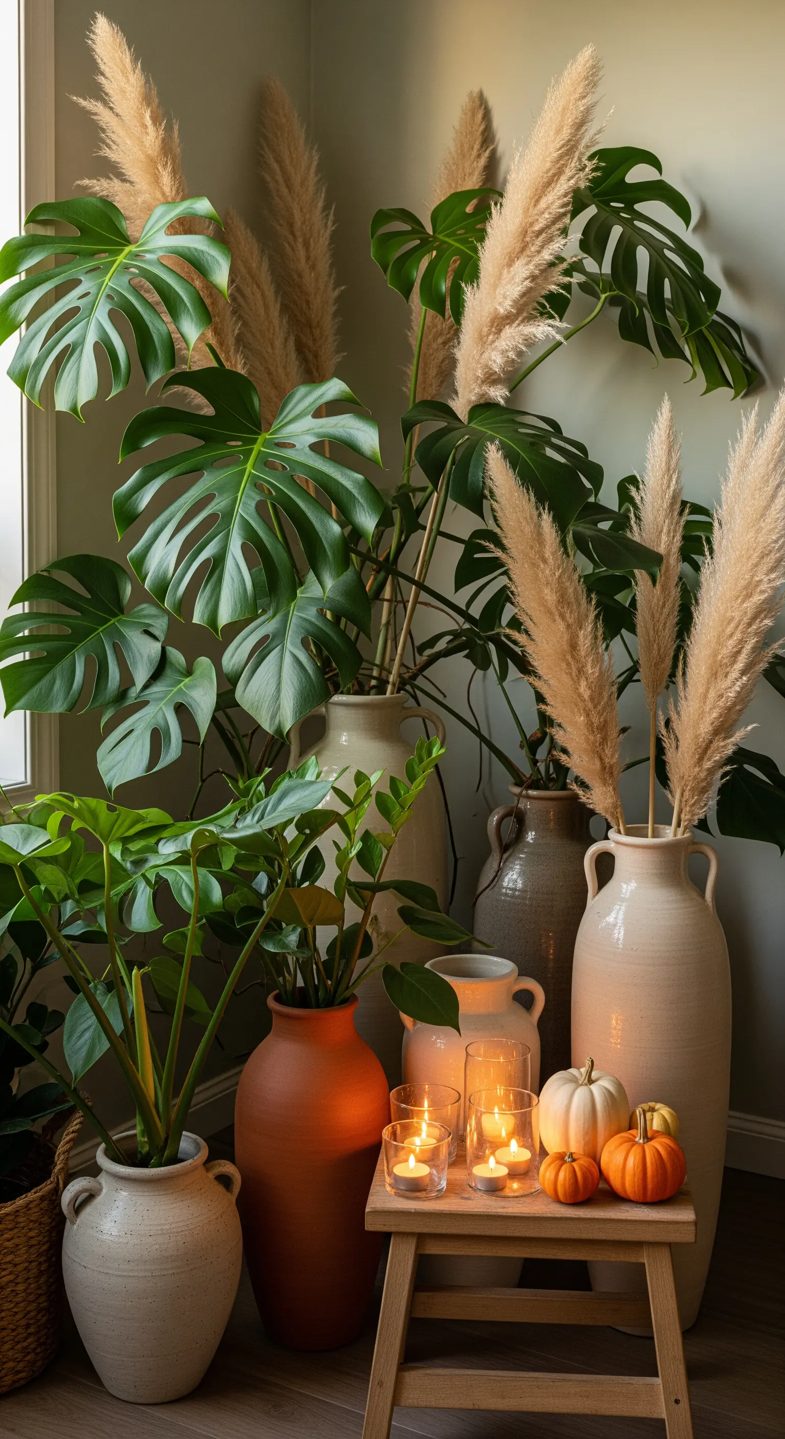 Zimmerecke mit großen Pflanzen, Pampasgras, Kerzen und Kürbissen in Erdtönen.