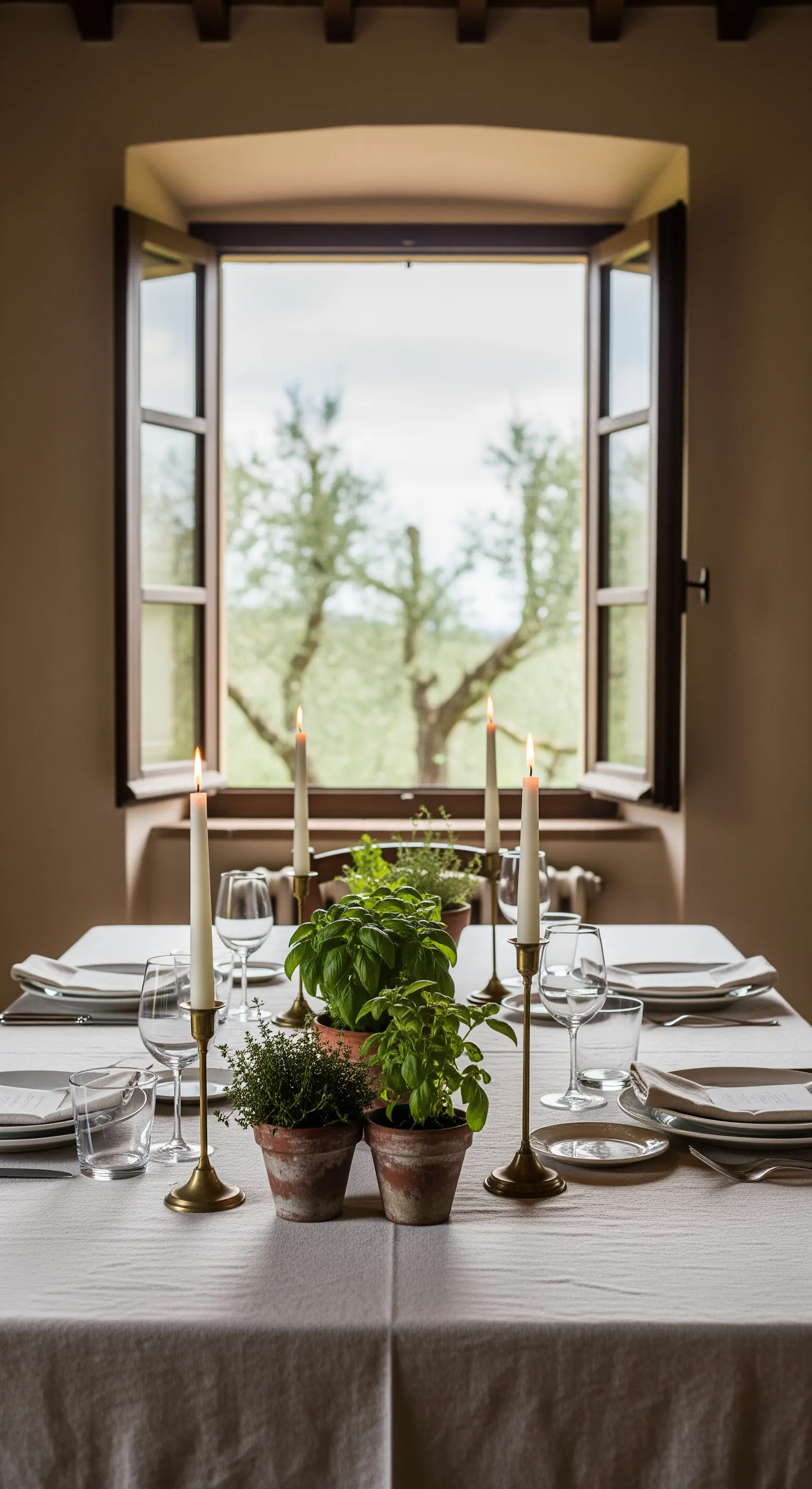 Tischdeko mit Basilikum und Thymian in Terrakotta-Töpfen vor einem offenen Fenster.