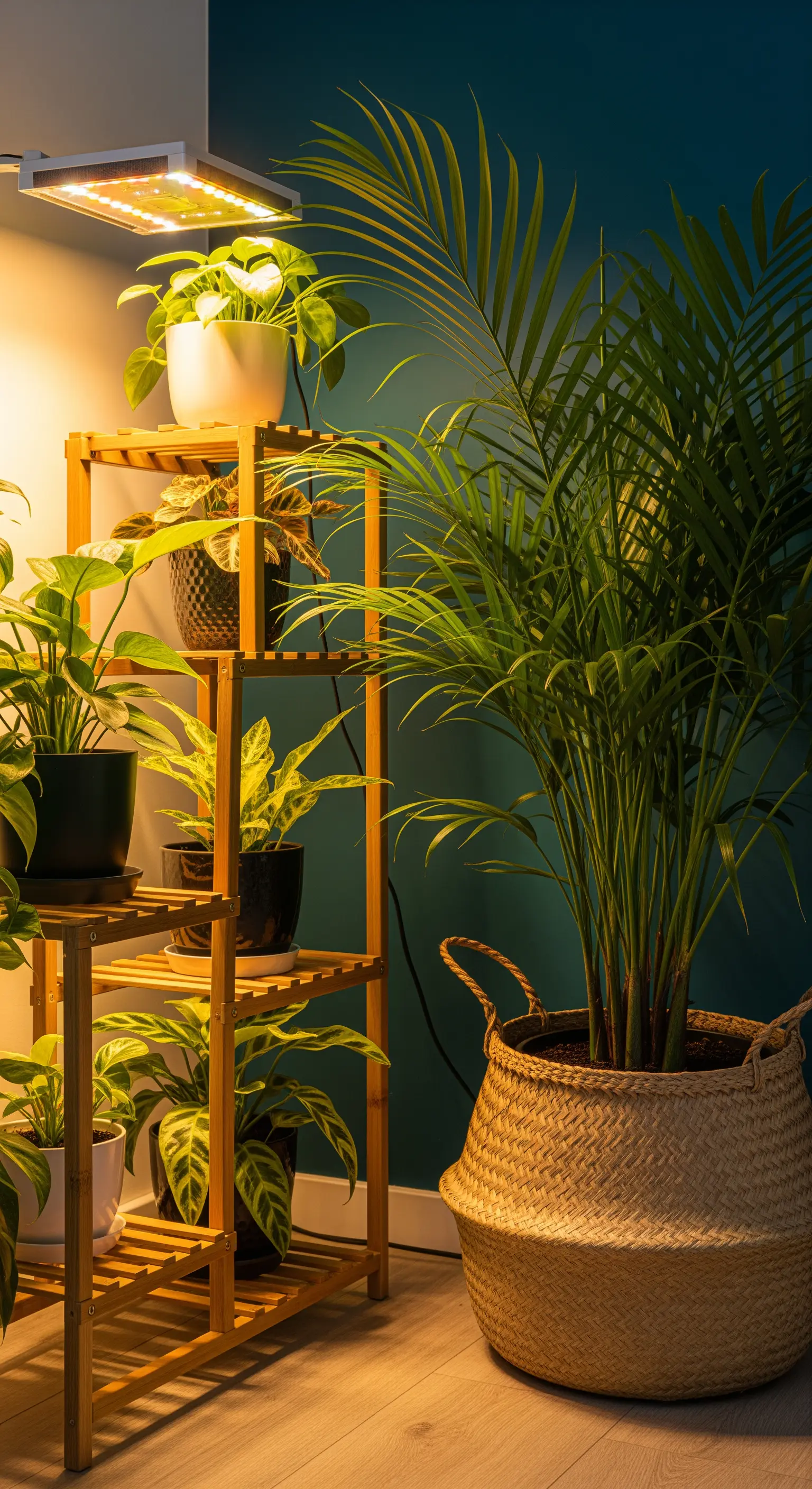 Pflanzenregal mit Pflanzenlampe und Palmen im Korb