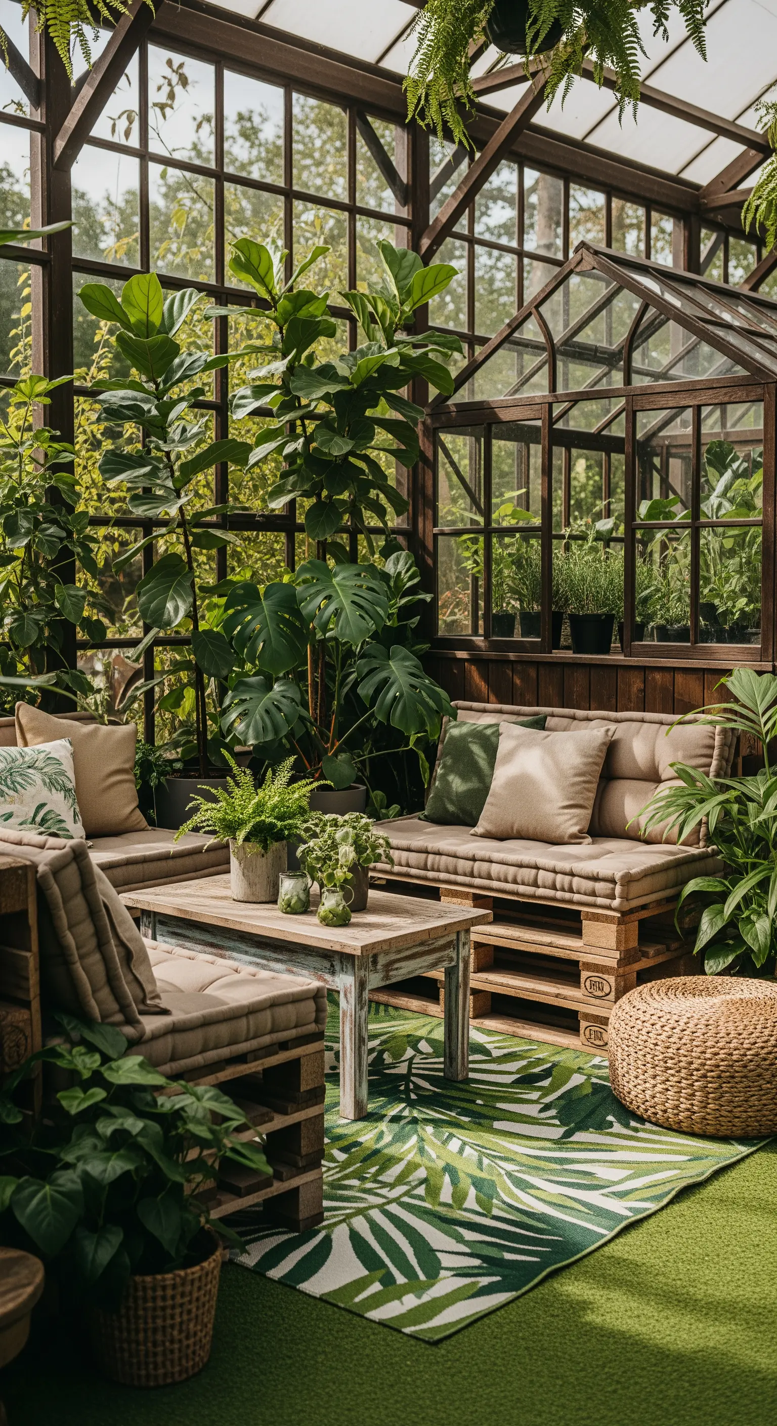 Palettenlounge mit beigen Kissen und grünem Blattmuster-Teppich in einem Pflanzen-Wintergarten.
