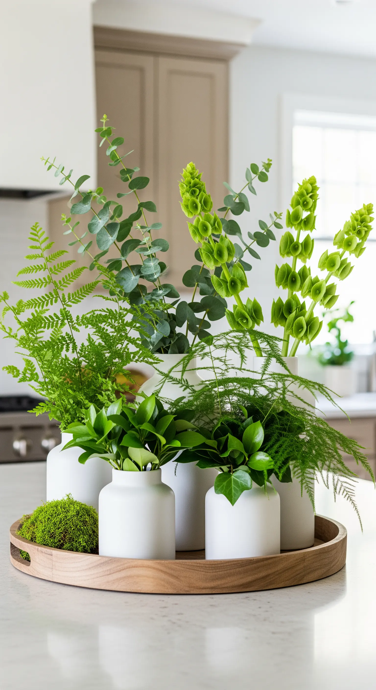 Holztablett mit weißen Vasen und verschiedenen Grünpflanzen (Eukalyptus, Farn, Glockenblumen)