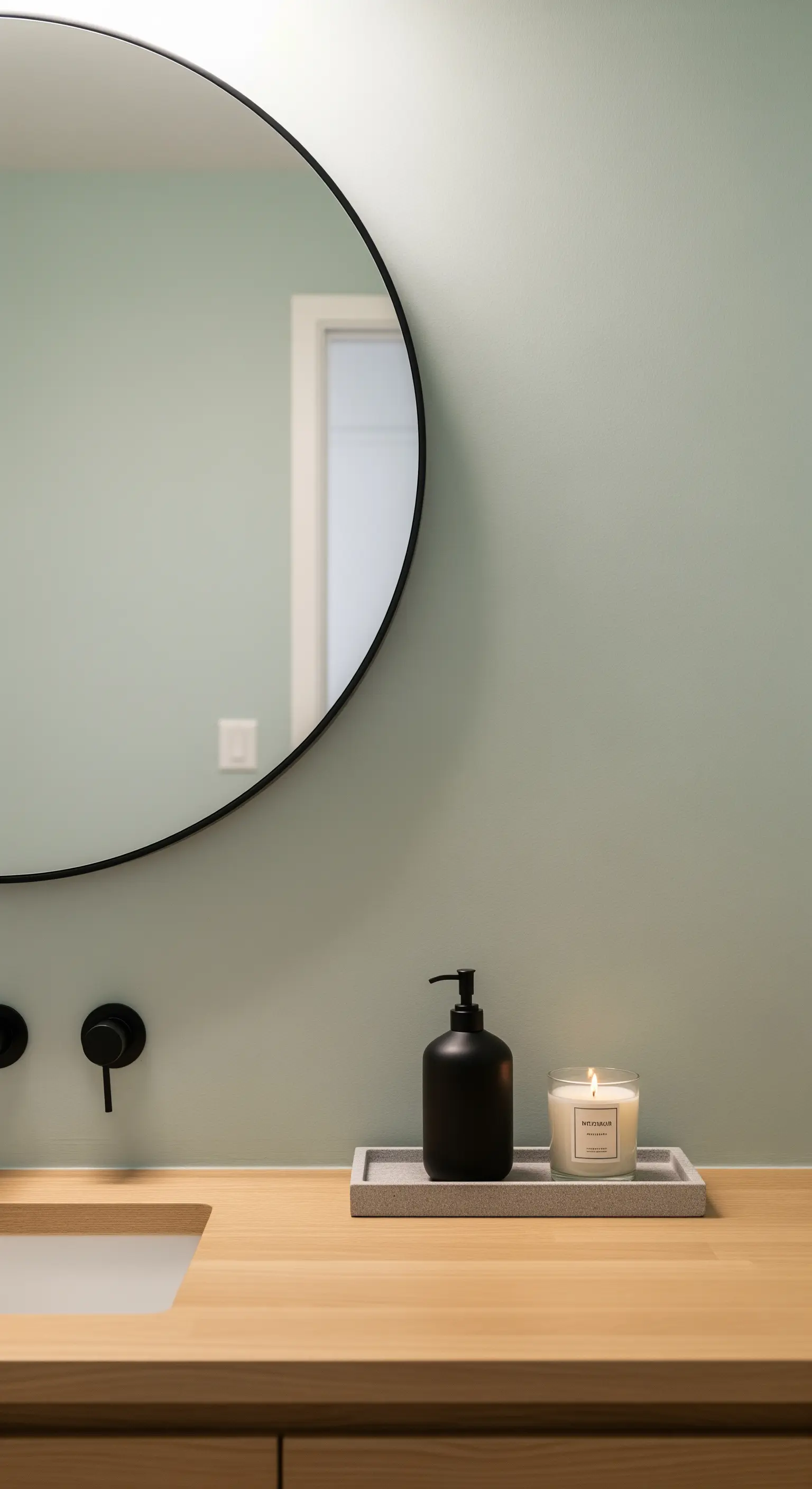 Ein Steintablett auf einem Waschtisch mit schwarzem Seifenspender und brennender Kerze.