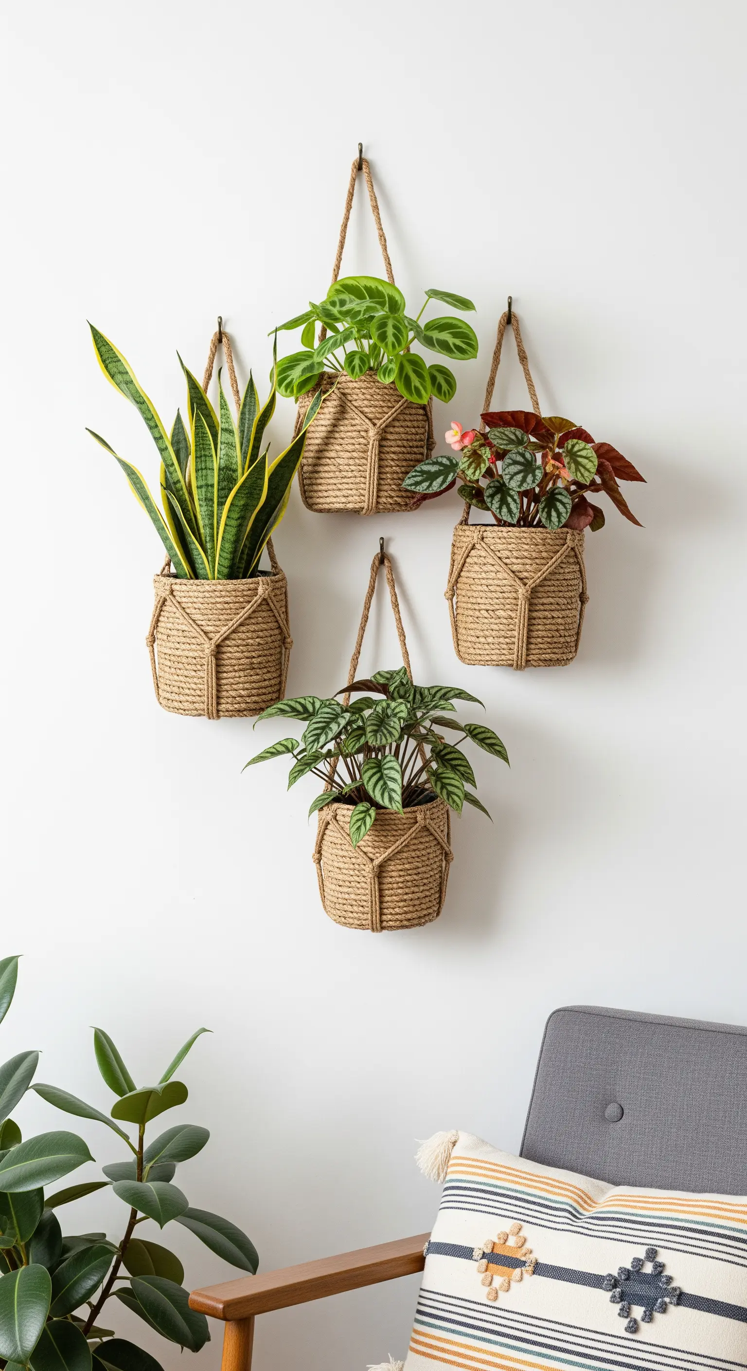 Vier verschiedene Zimmerpflanzen in geflochtenen Jute-Hängekörben an einer weißen Wand.