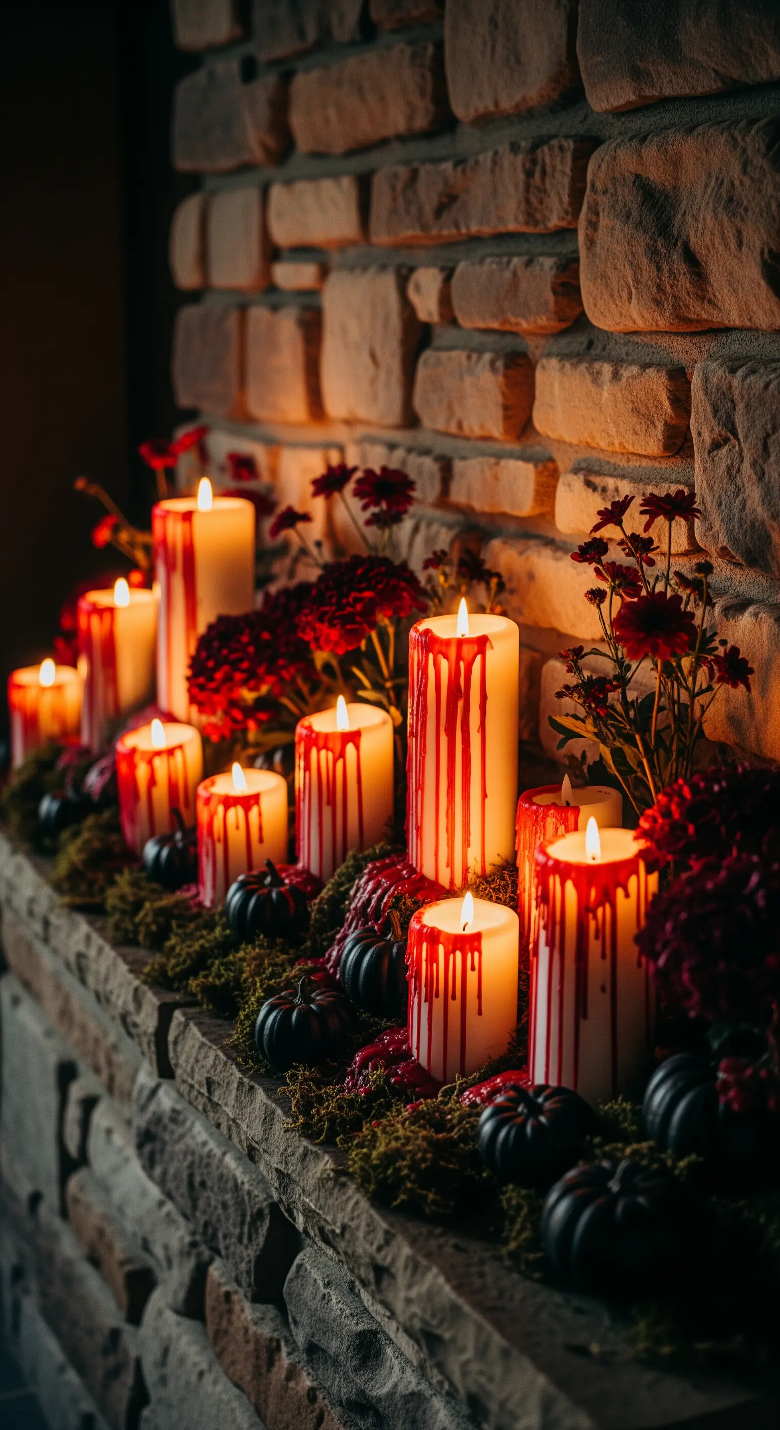 Kaminsims Deko mit tropfenden Kerzen, dunklen Blumen und Mini-Kürbissen