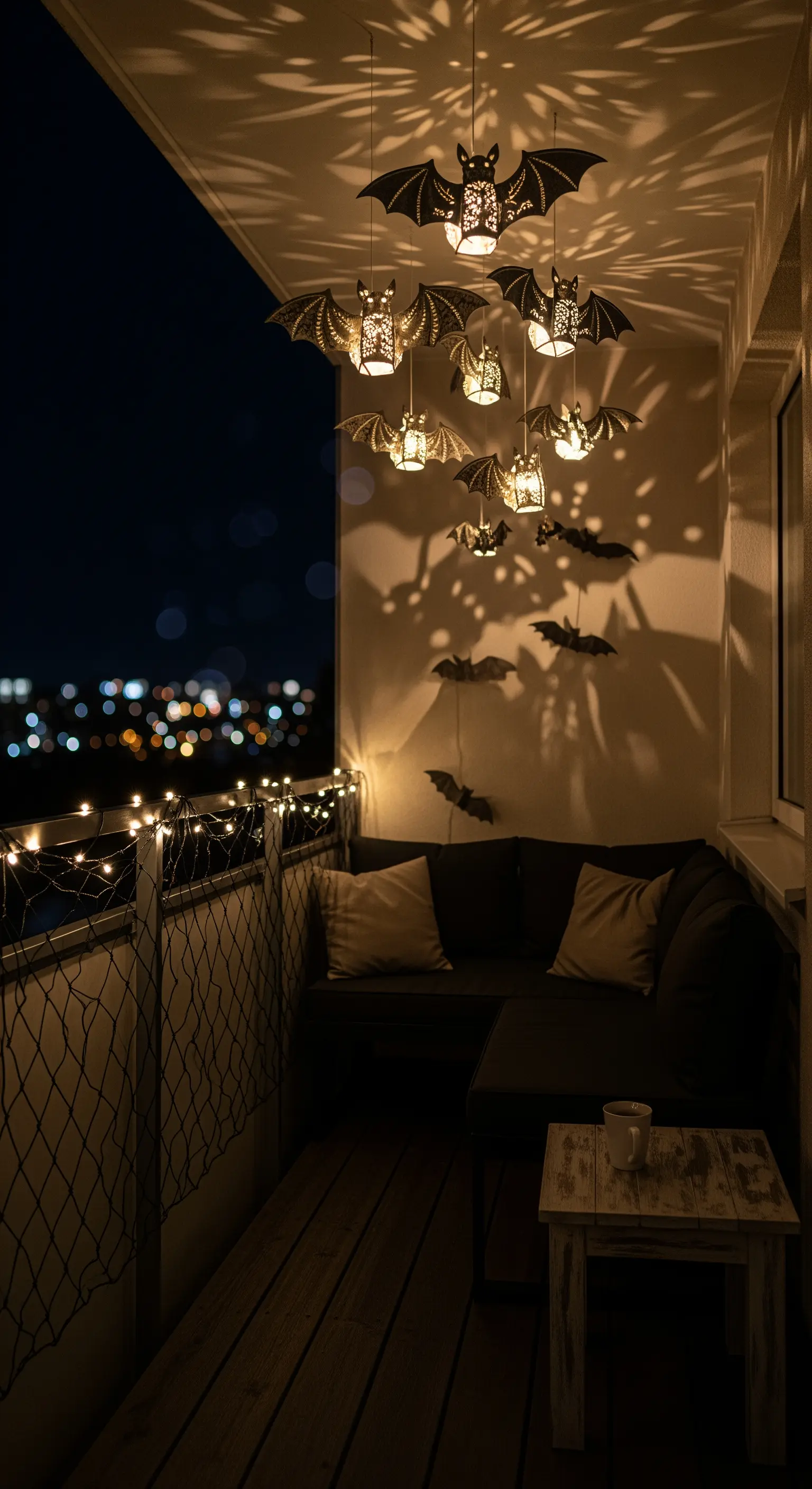 Halloween Balkon-Deko mit Lichterketten, Hänge-Fledermäusen und gemütlicher Sitzgelegenheit