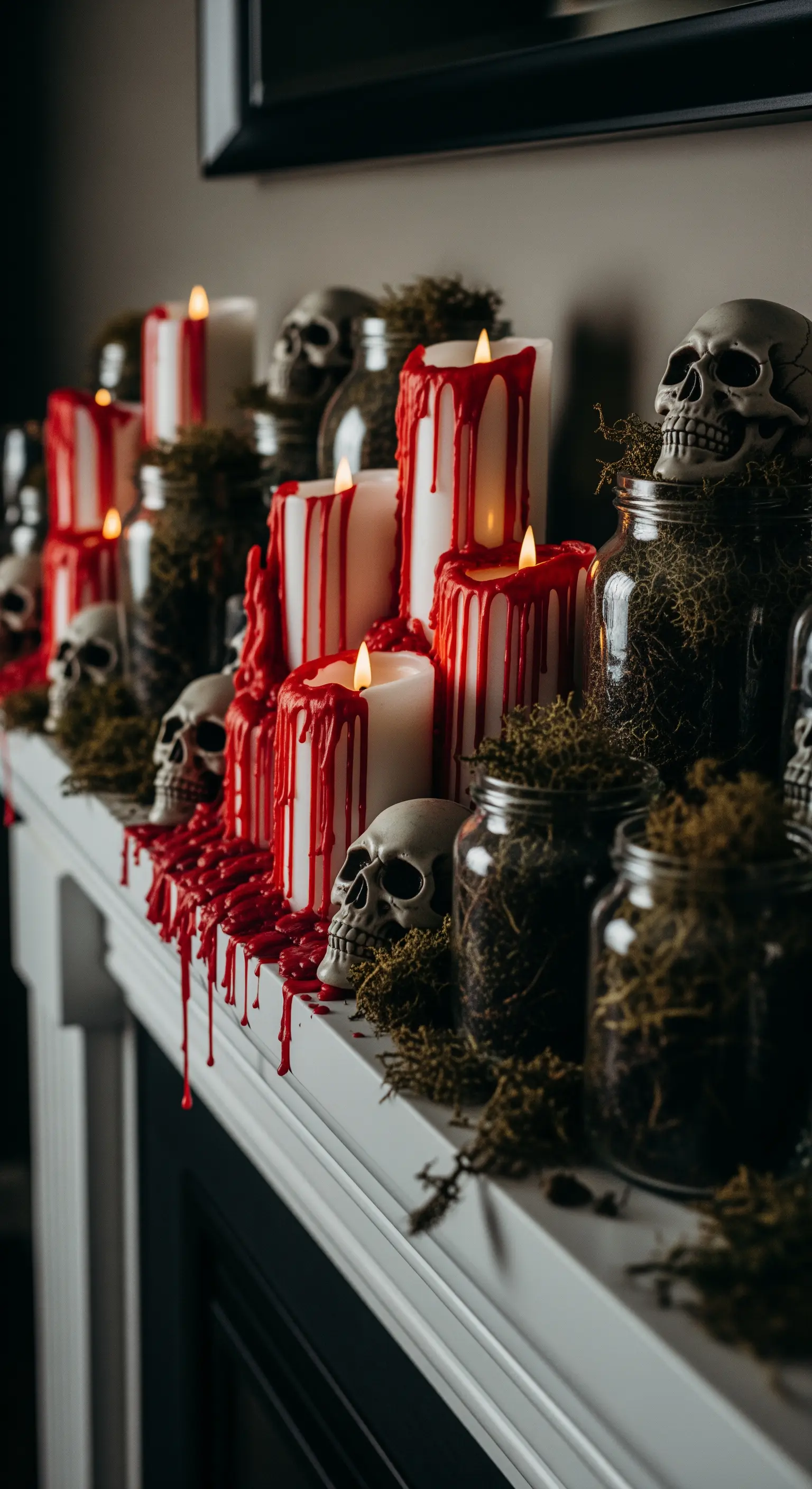 Gruselige Kamin-Deko mit blutenden Kerzen, Totenköpfen und Moos.