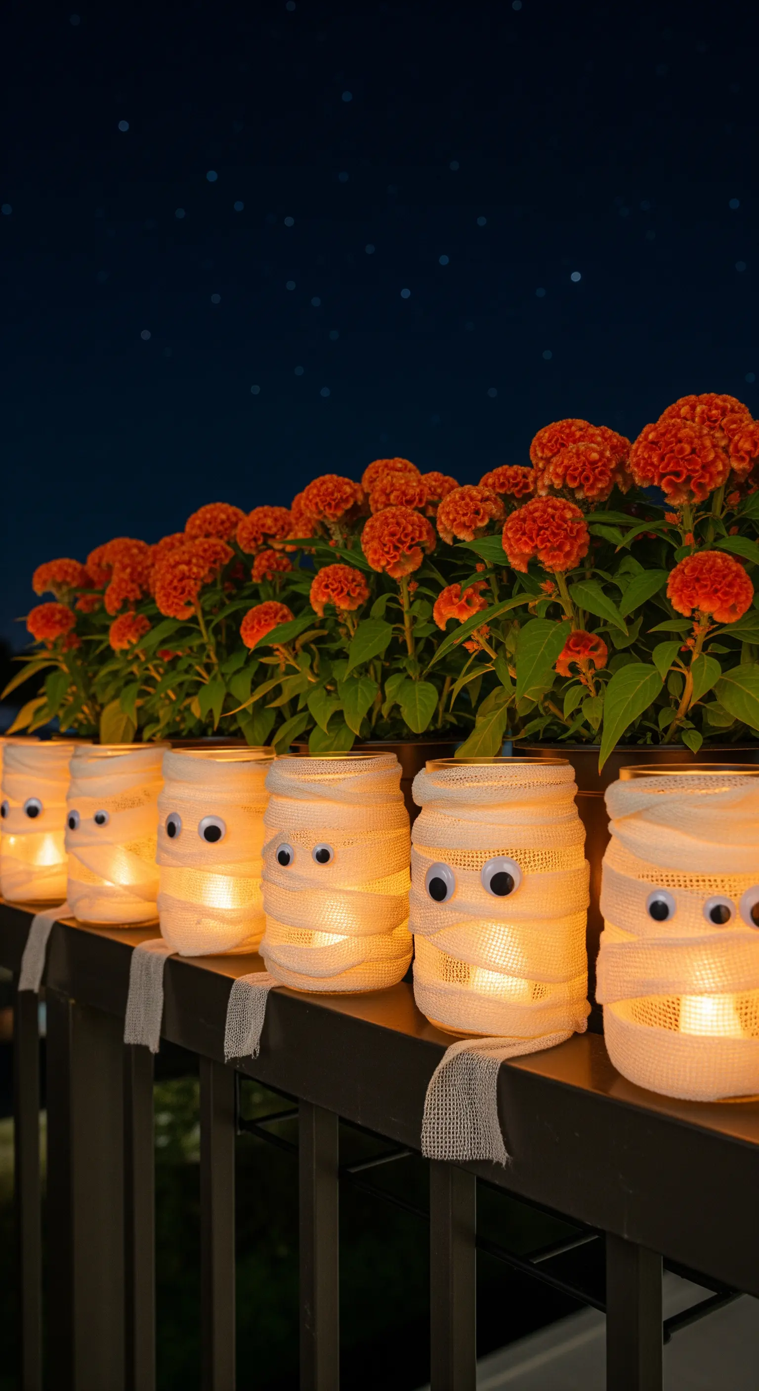 Mumien-Laternen aus Gläsern und Mullbinden am Balkongeländer mit Blumen