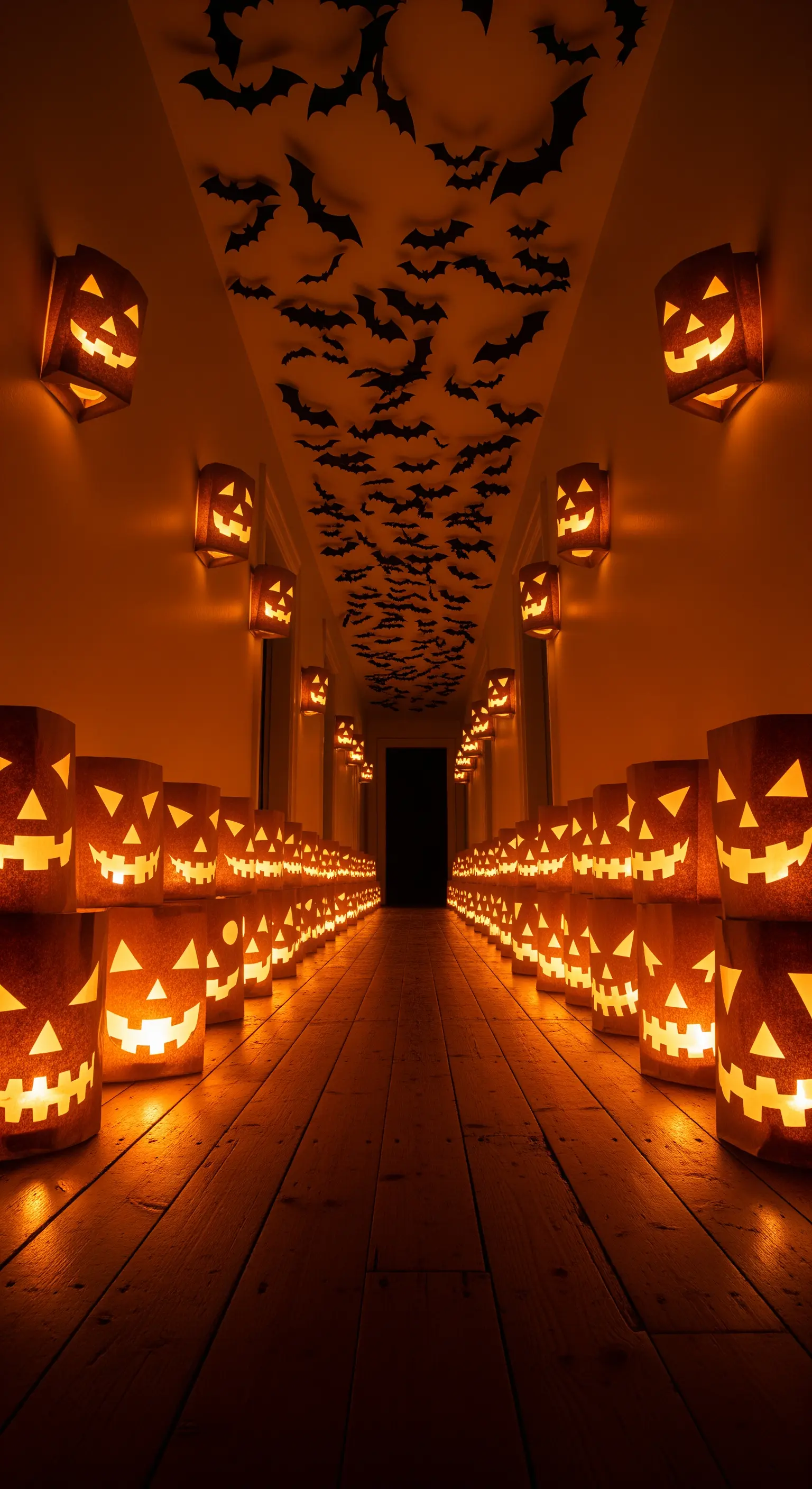 Flur mit Jack-o'-Lantern Papiertüten-Lichtern und Fledermaus-Silhouette