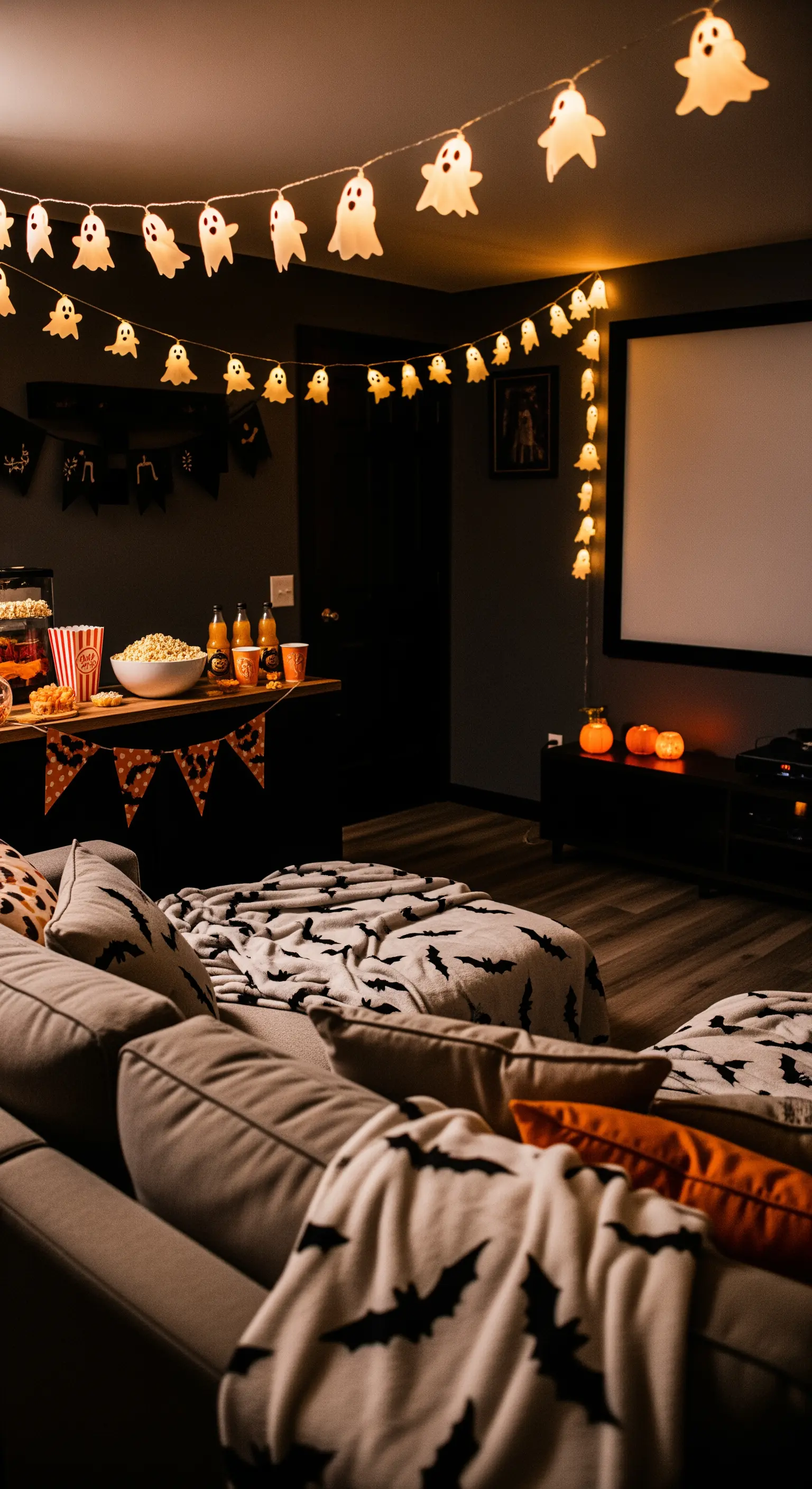 Heimkino mit Geister-Lichterkette, Fledermaus-Decken und Popcorn-Bar für Halloween-Filmnacht.