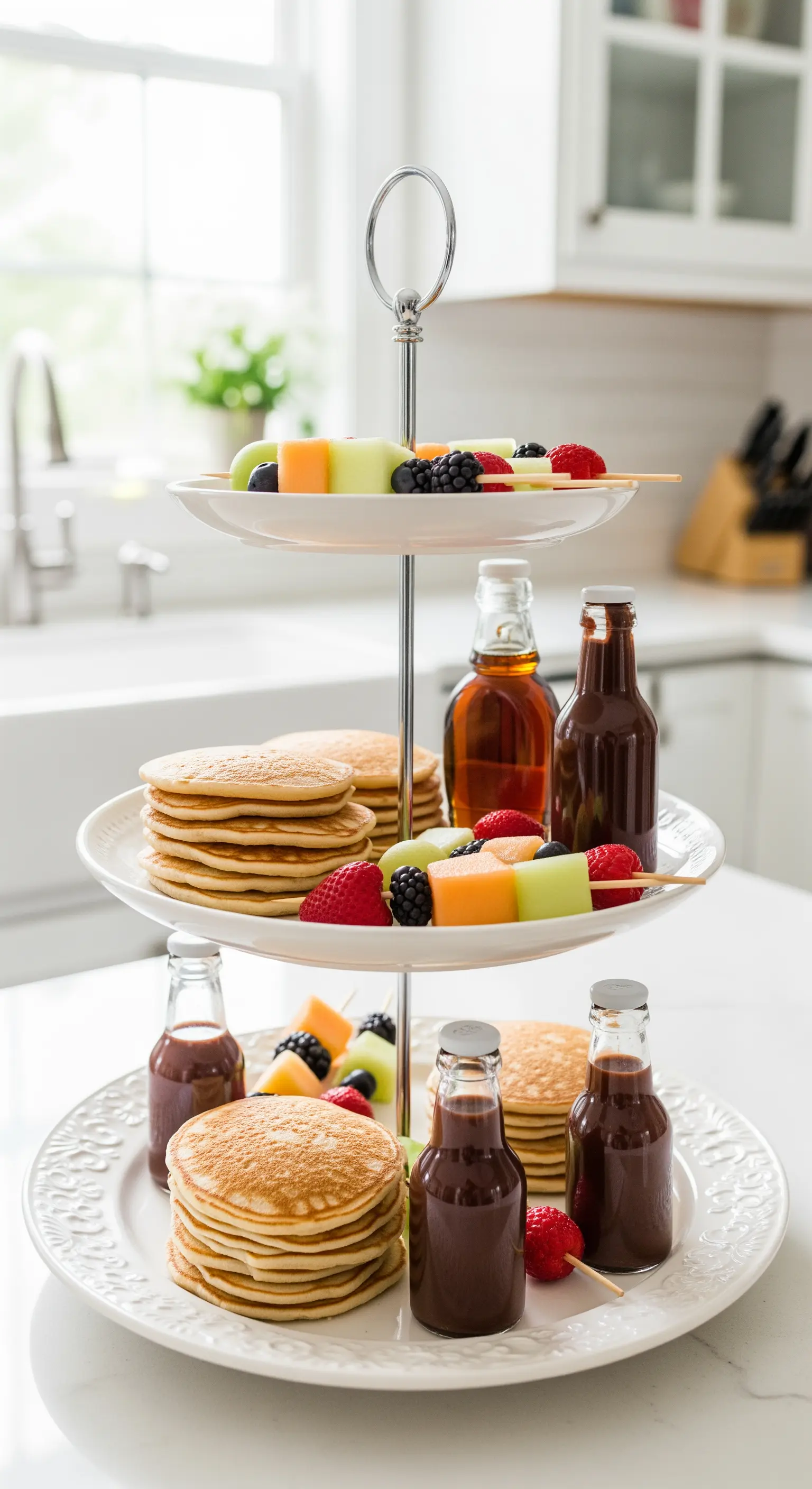 Weiße Etagere mit gestapelten Mini-Pancakes, Fruchtspießen und Sirup-Fläschchen.