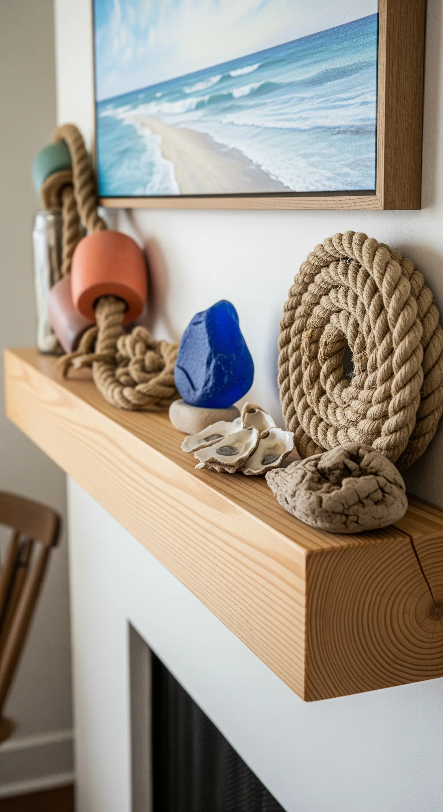 Maritime Kamin-Deko mit Seil, Bojen, Muscheln und blauem Seeglas.