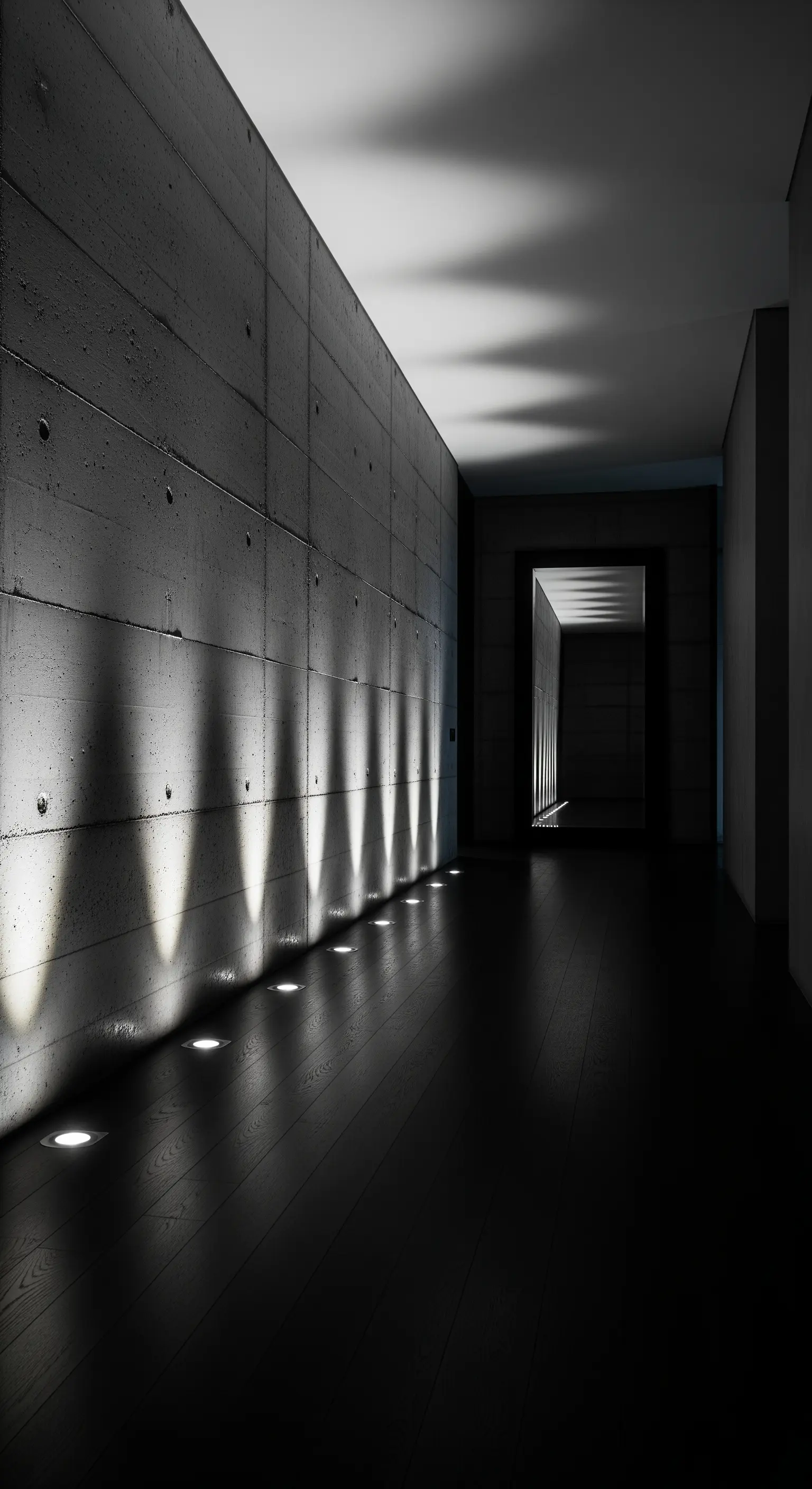 Moderner Flur mit eingelassenen Bodenleuchten, die Lichtkegel an eine Betonwand werfen