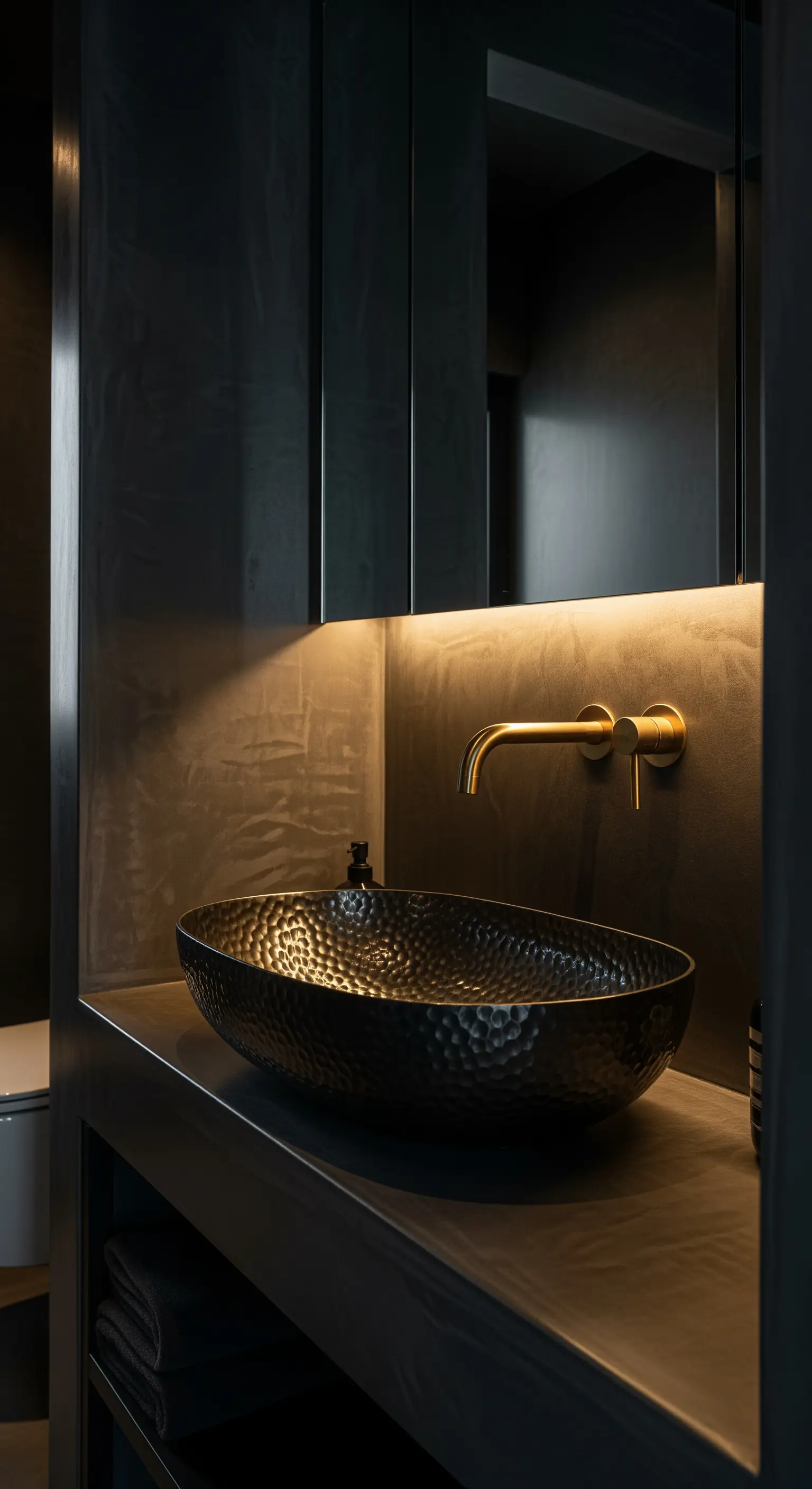 Hammerschlag-Waschbecken, schwebender Waschtisch, warmes Uplight, goldene Armaturen