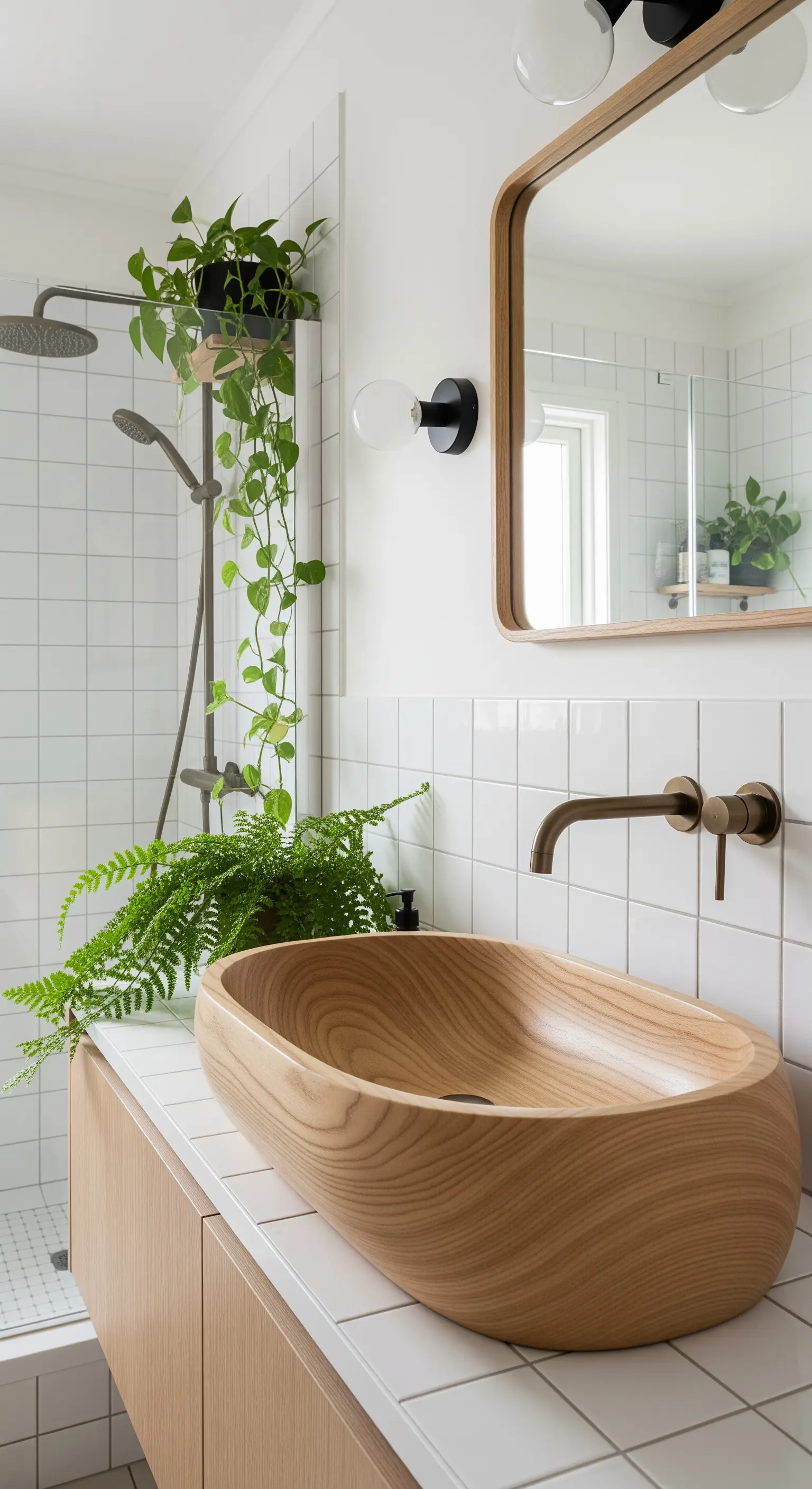 Ovales Aufsatzwaschbecken aus hellem Holz in einem weiß gefliesten Badezimmer.