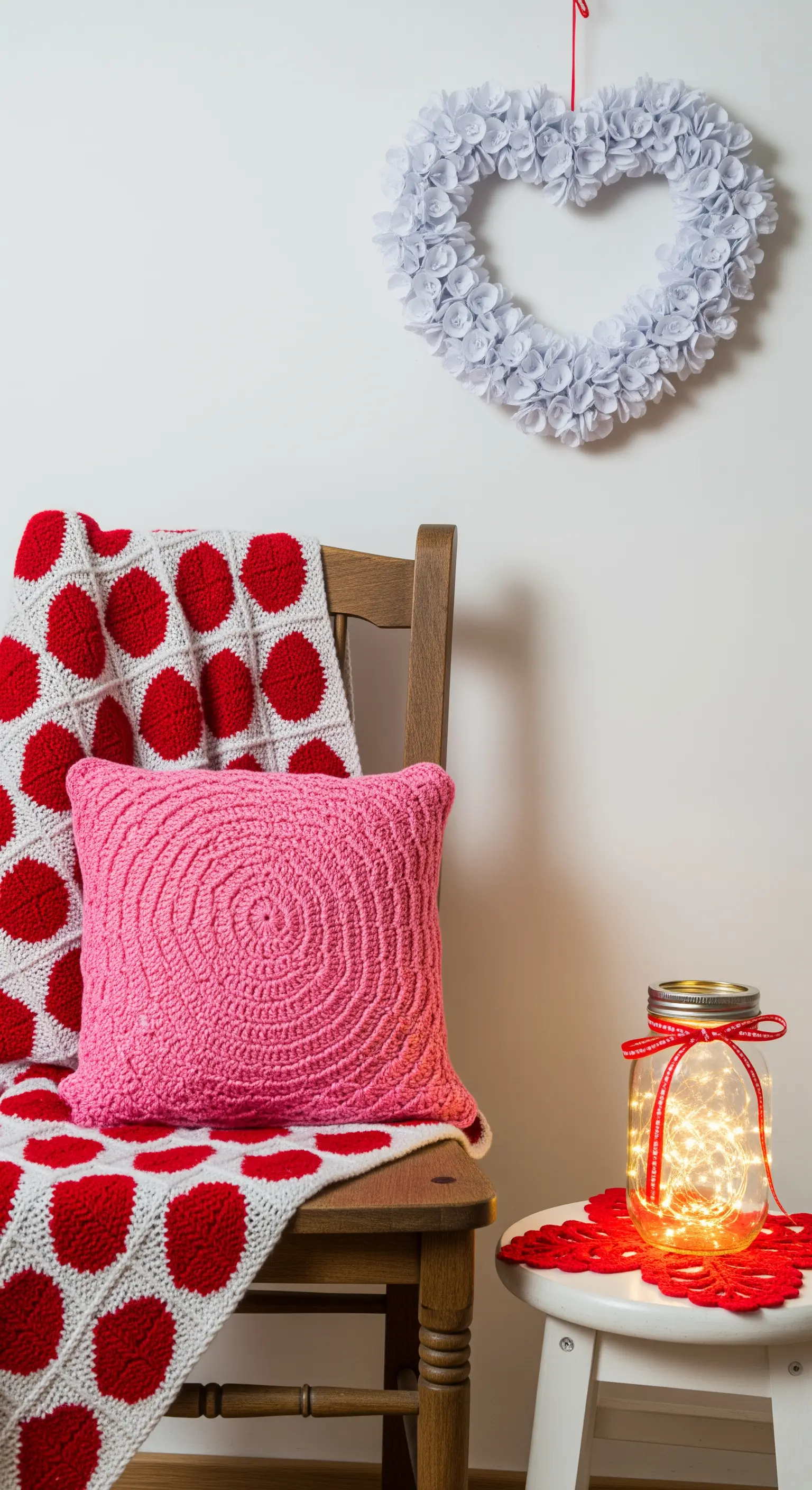 Ein Holzstuhl mit einer gehäkelten Decke, einem rosa Kissen und einem DIY-Herzkranz an der Wand.