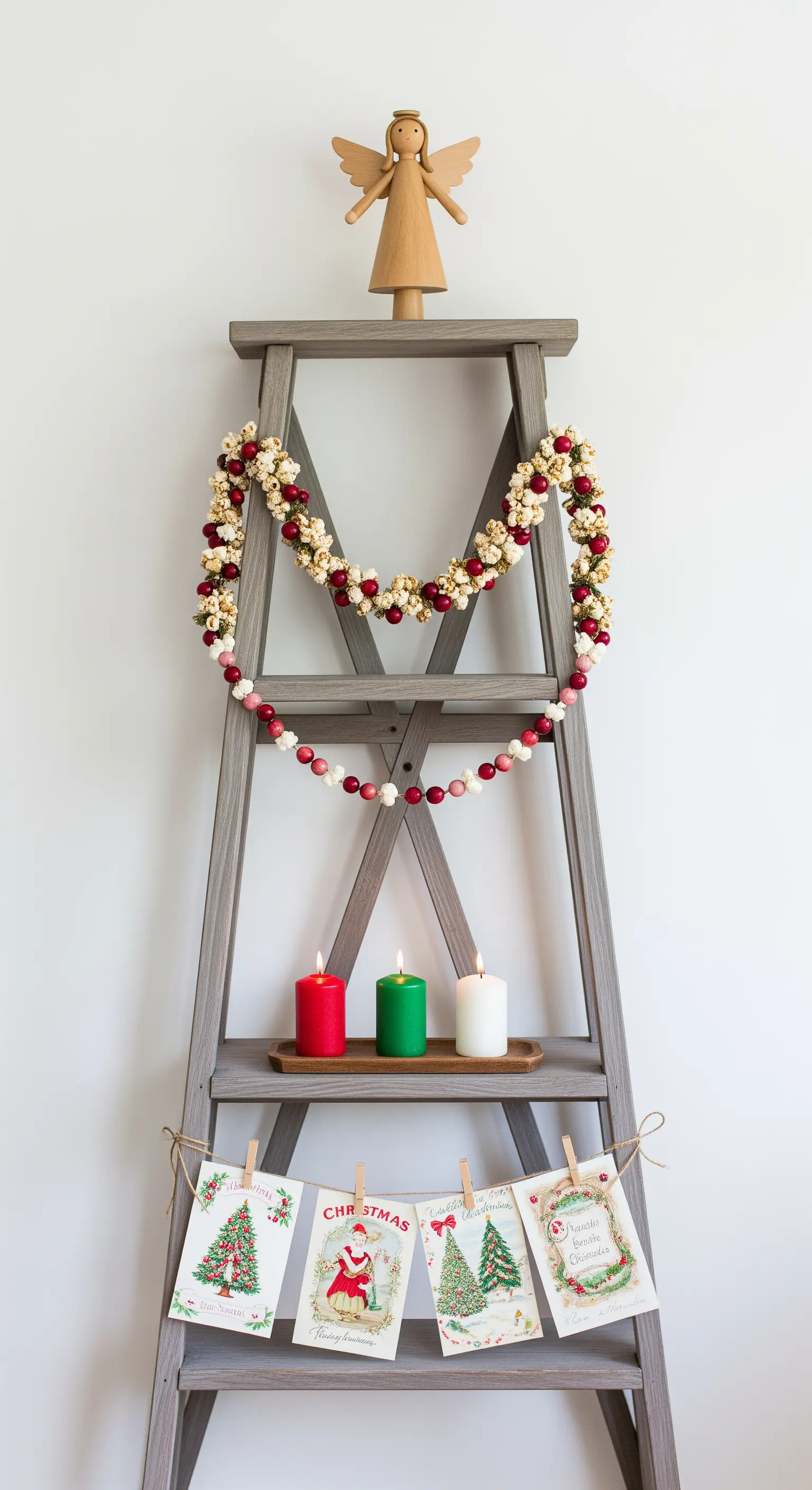 Graue Holzleiter mit Popcorn-Girlande, alten Weihnachtskarten und drei Kerzen