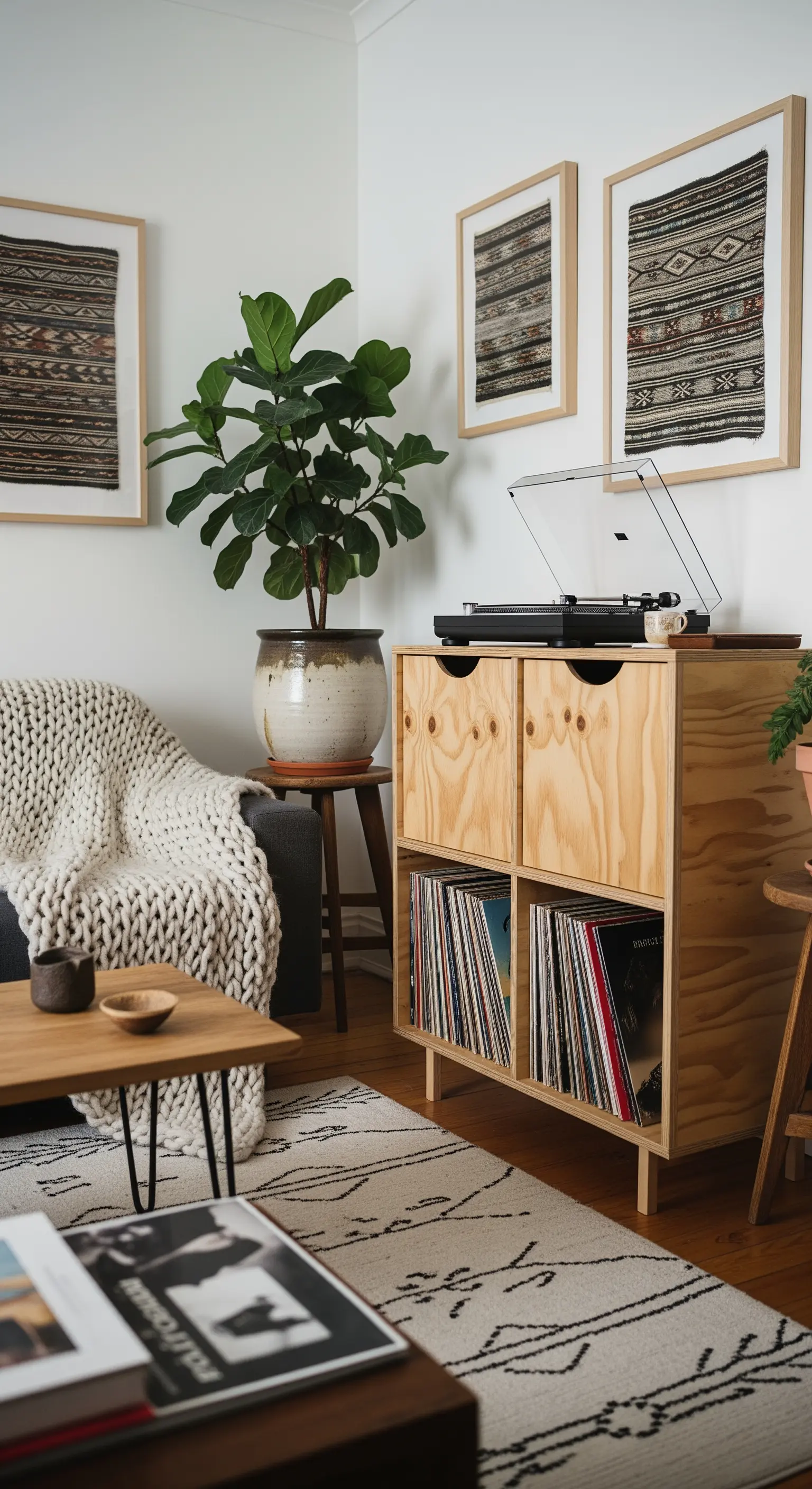 DIY-Plattenschrank aus hellem Sperrholz in einem minimalistischen Boho-Wohnzimmer