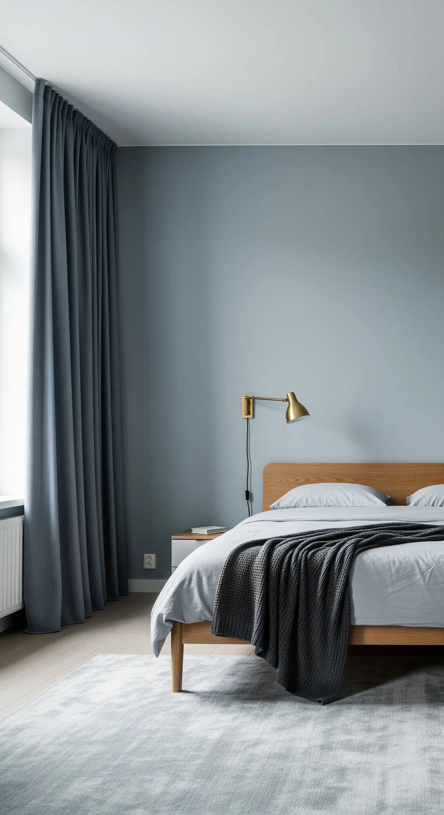 Bodenlange, graublaue Vorhänge, die hoch über dem Fenster angebracht sind und dem Raum Höhe verleihen.